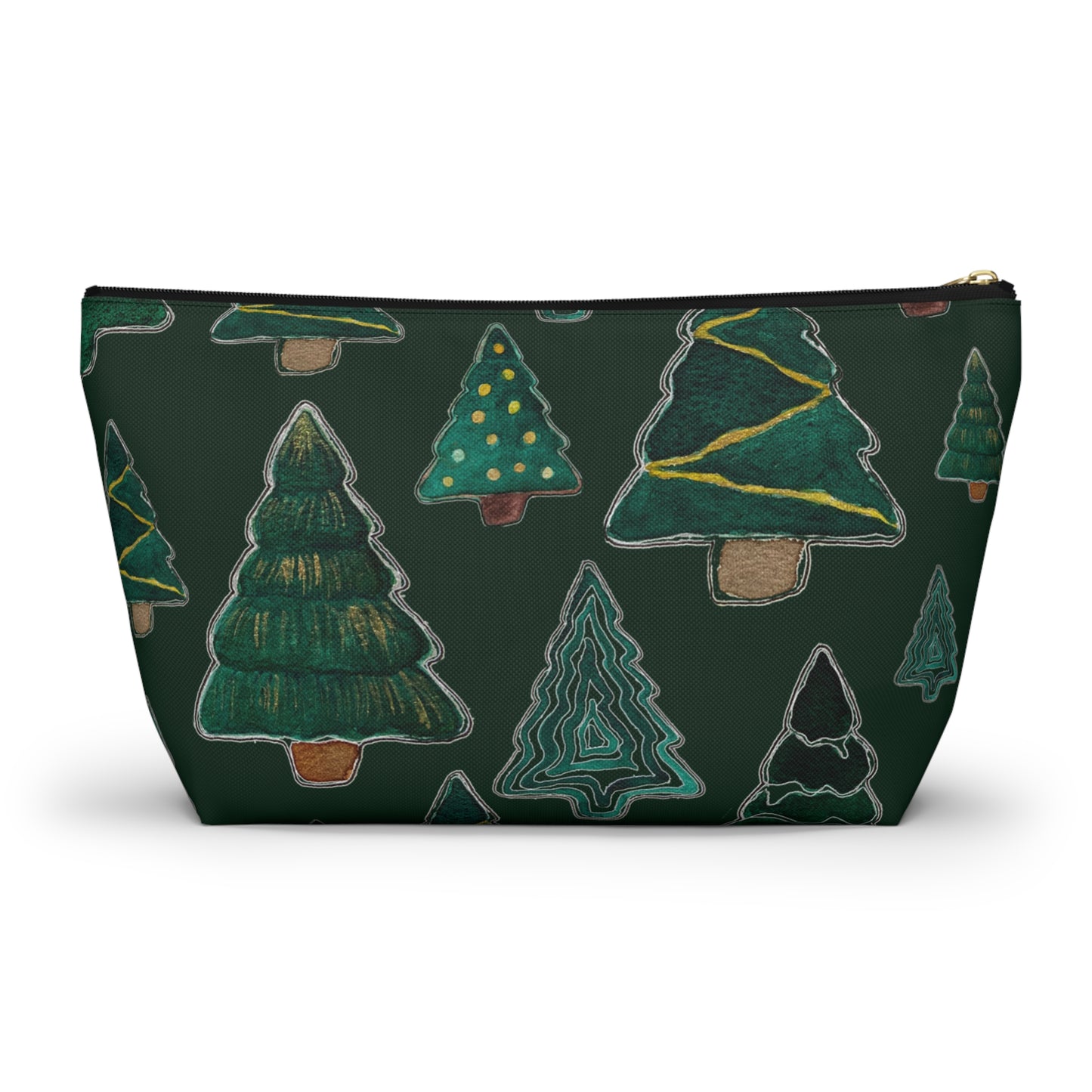 Christmas Tree Cutouts on Green Accessory Pouch w T-bottom