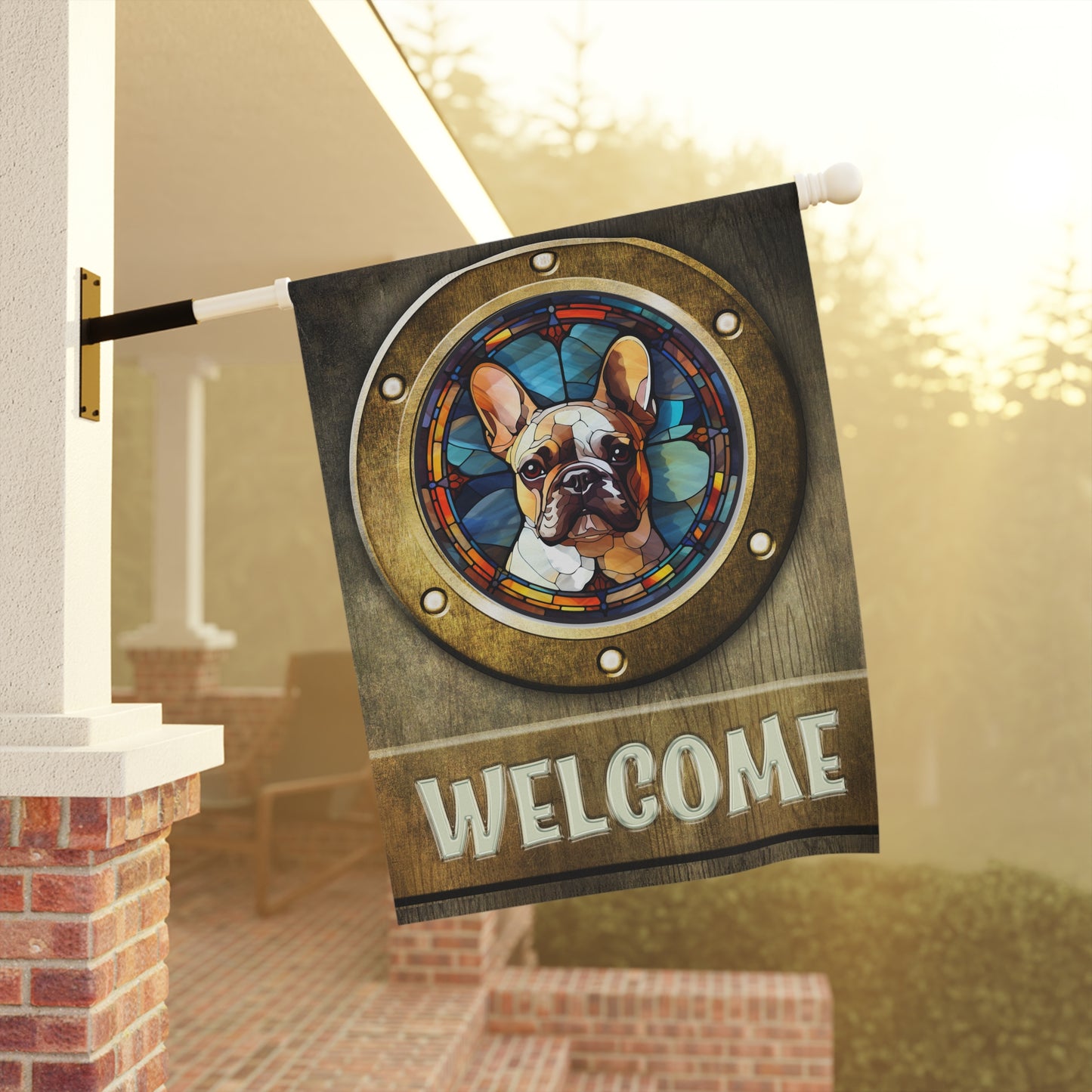 French Bulldog in Port Hole Welcome 2-Sided Garden & House Flag/Banner