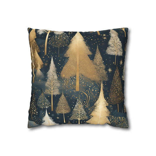 Golden Evergreens on Navy Square Poly Canvas Pillowcase