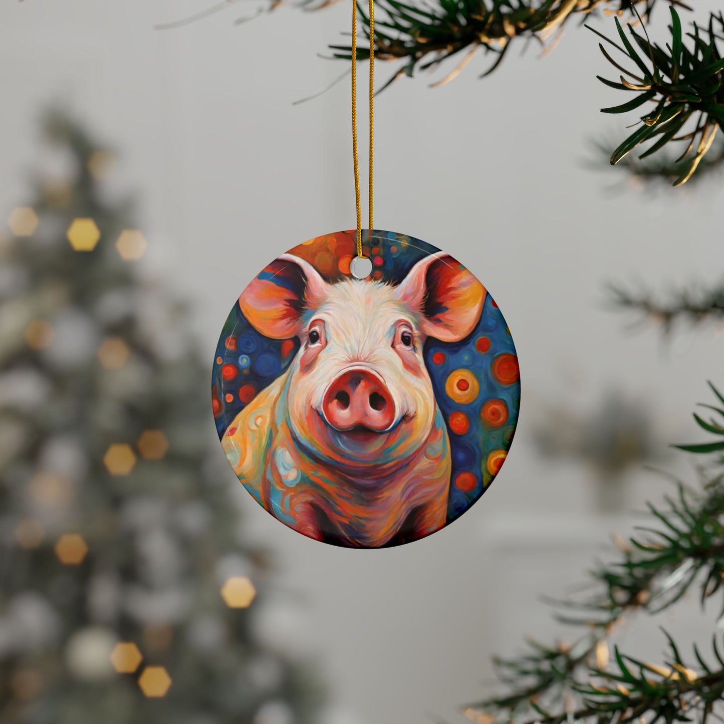 Colorful Pig 3" Ceramic Ornaments, 2-Side Print, (1pc, 10pcs)