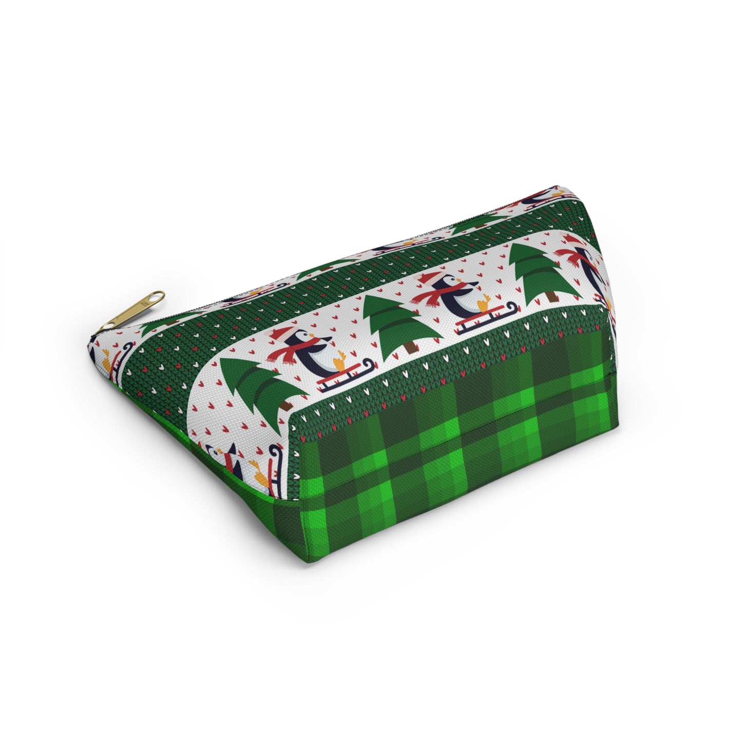 Sledding Penguins Green Plaid Accessory Pouch w T-bottom