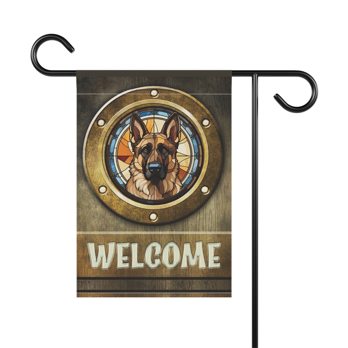 German Shepherd in Port Hole Welcome 2-Sided Garden & House Flag/Banner