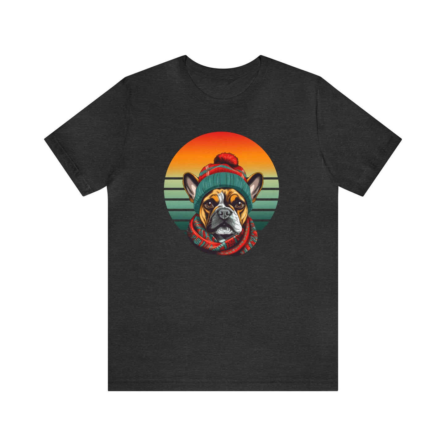 Retro French Bulldog in Hat & Scarf Unisex Jersey Short Sleeve Tee