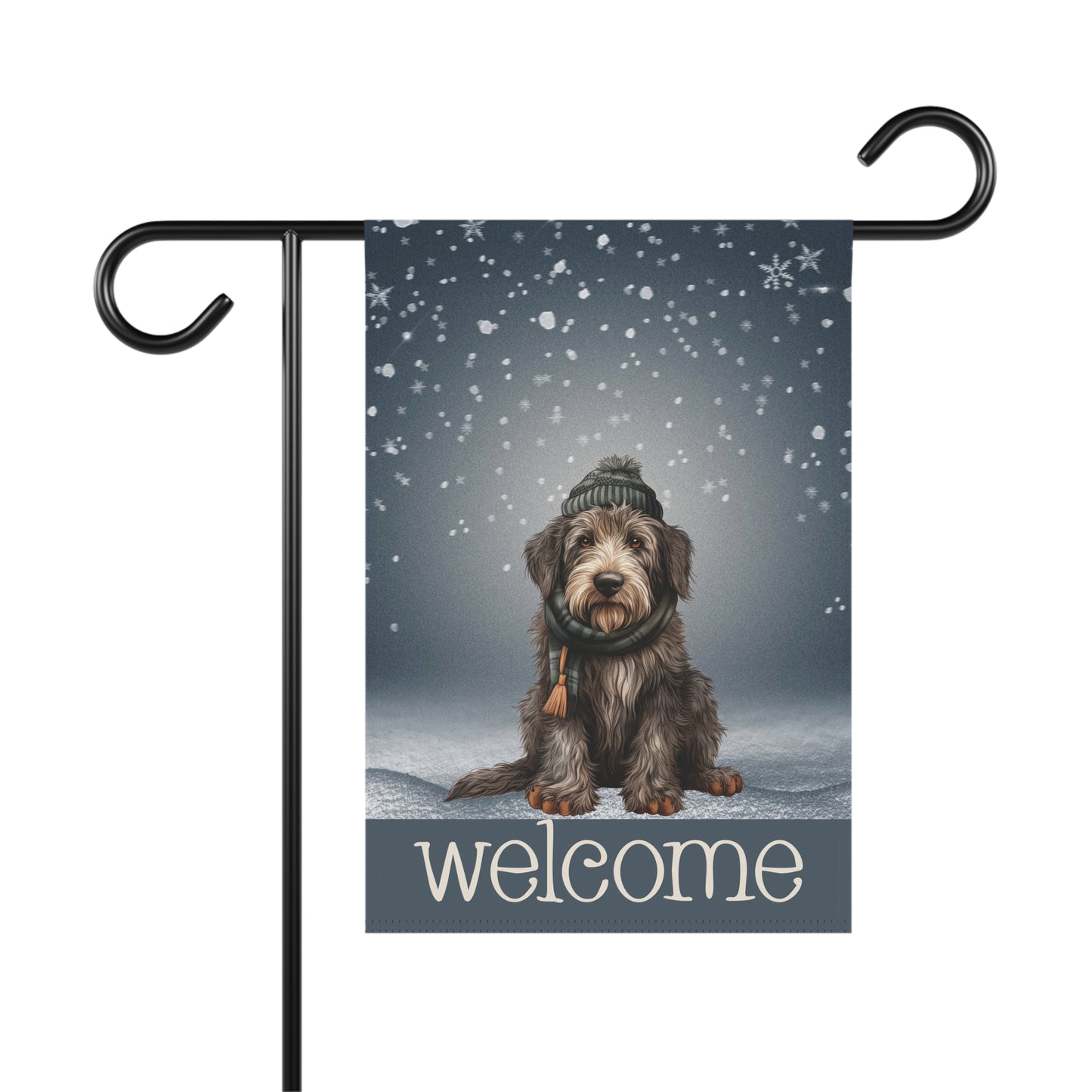 Snowy Welcome Irish Wolfhound in Scarf 2-Sided Garden & House Flag/Banner