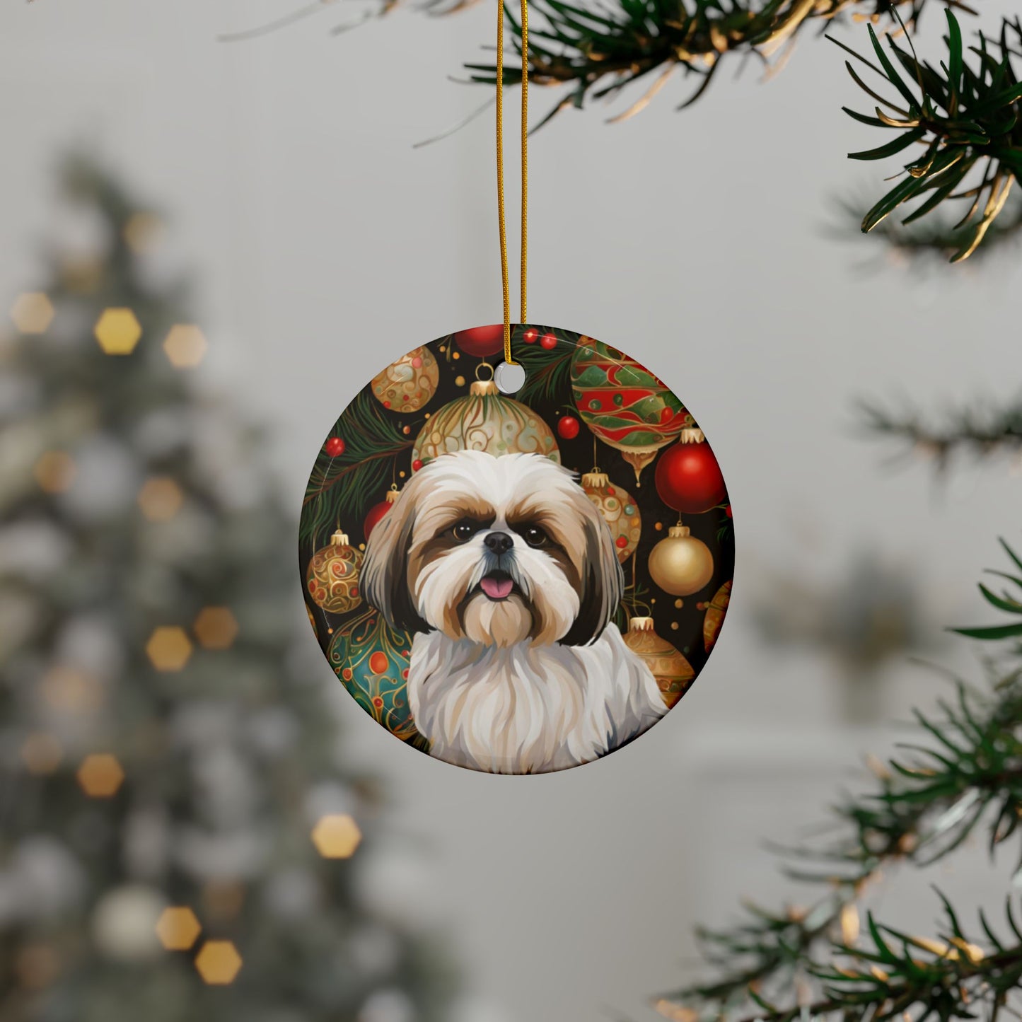 Shih Tzu Christmas  3" Ceramic Ornaments, 2-Side Print, (1pc, 10pcs)