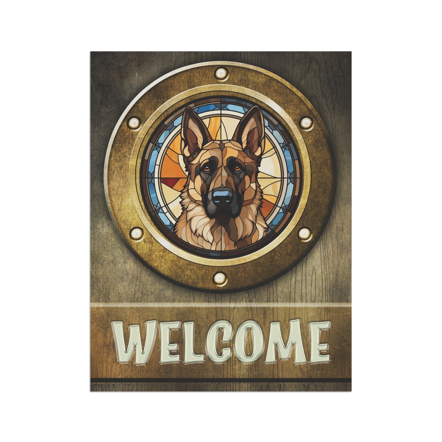 German Shepherd in Port Hole Welcome 2-Sided Garden & House Flag/Banner