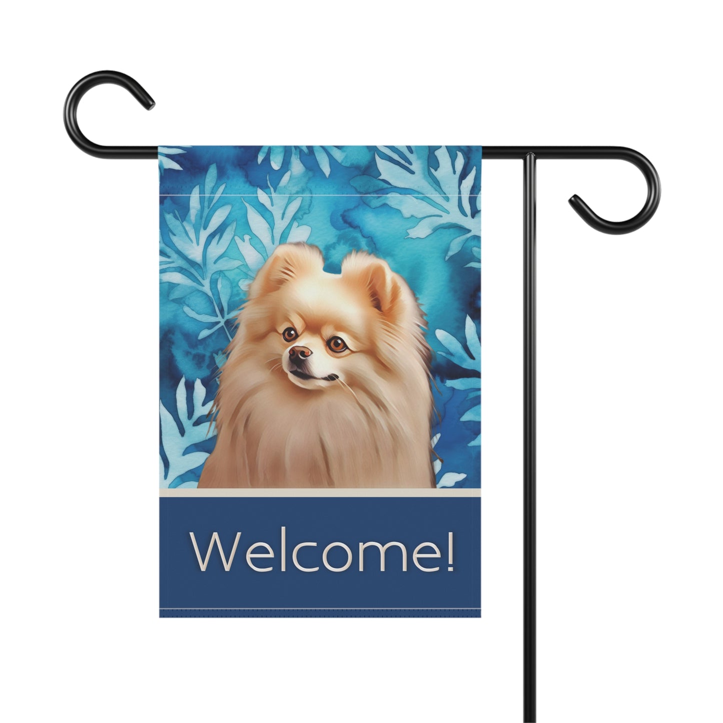 Pomeranian Welcome Blue 2-Sided Garden & House Flag/Banner