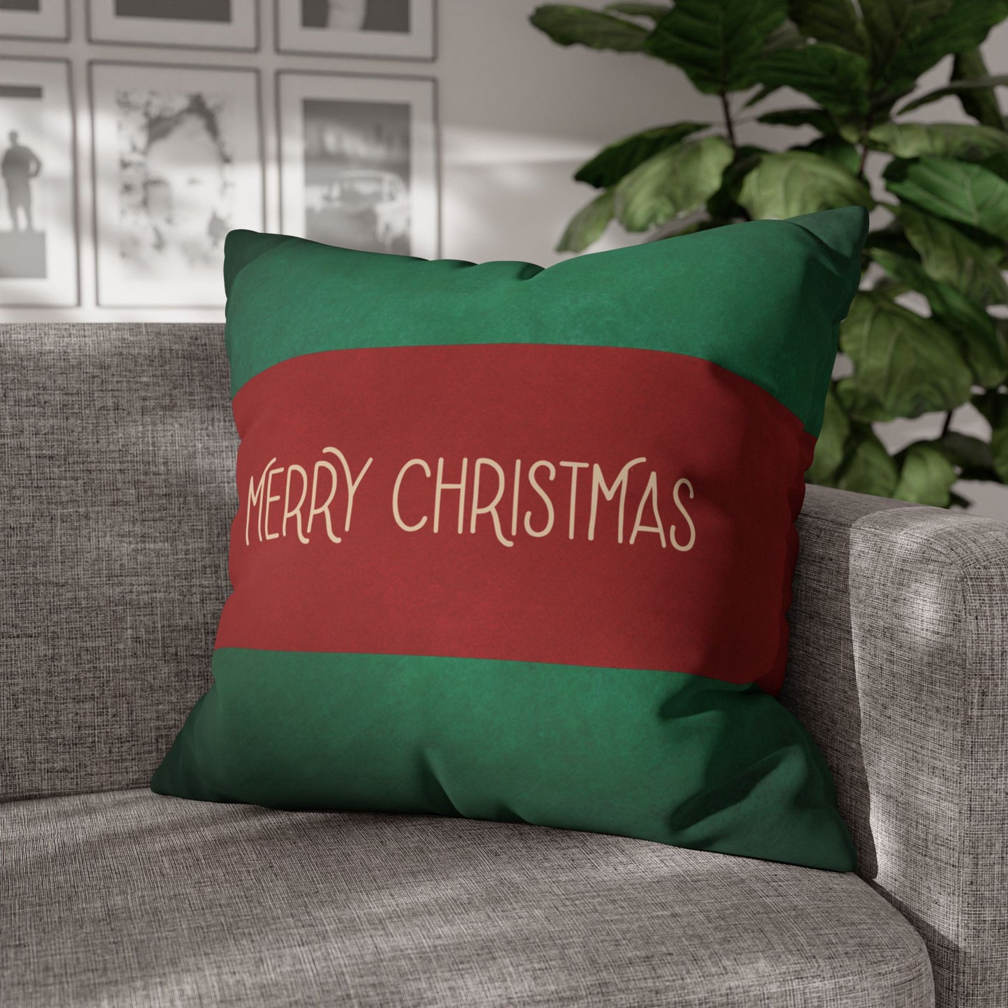 Merry Christmas Red & Green Square Poly Canvas Pillowcase