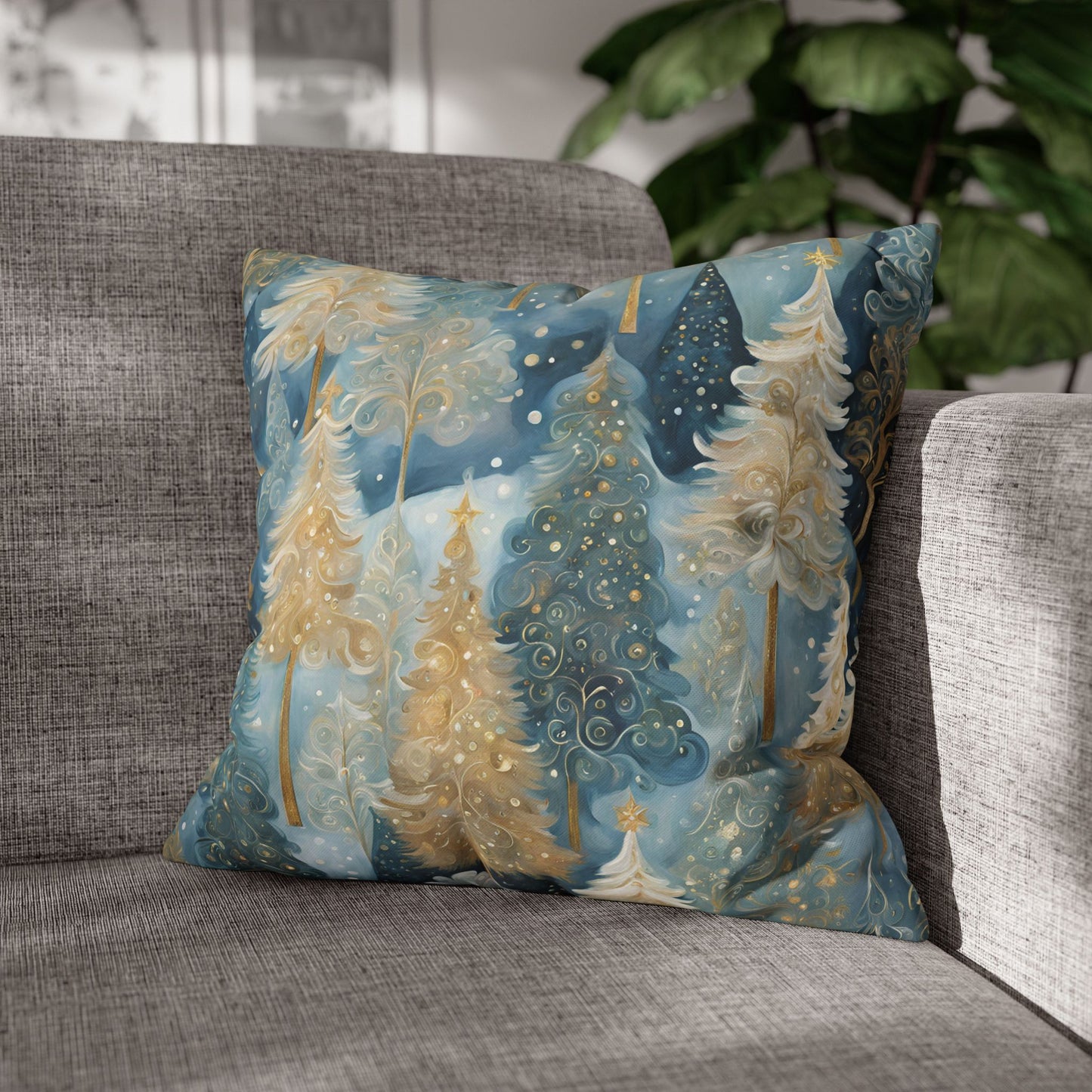 Blue & Cream Trees Square Poly Canvas Pillowcase