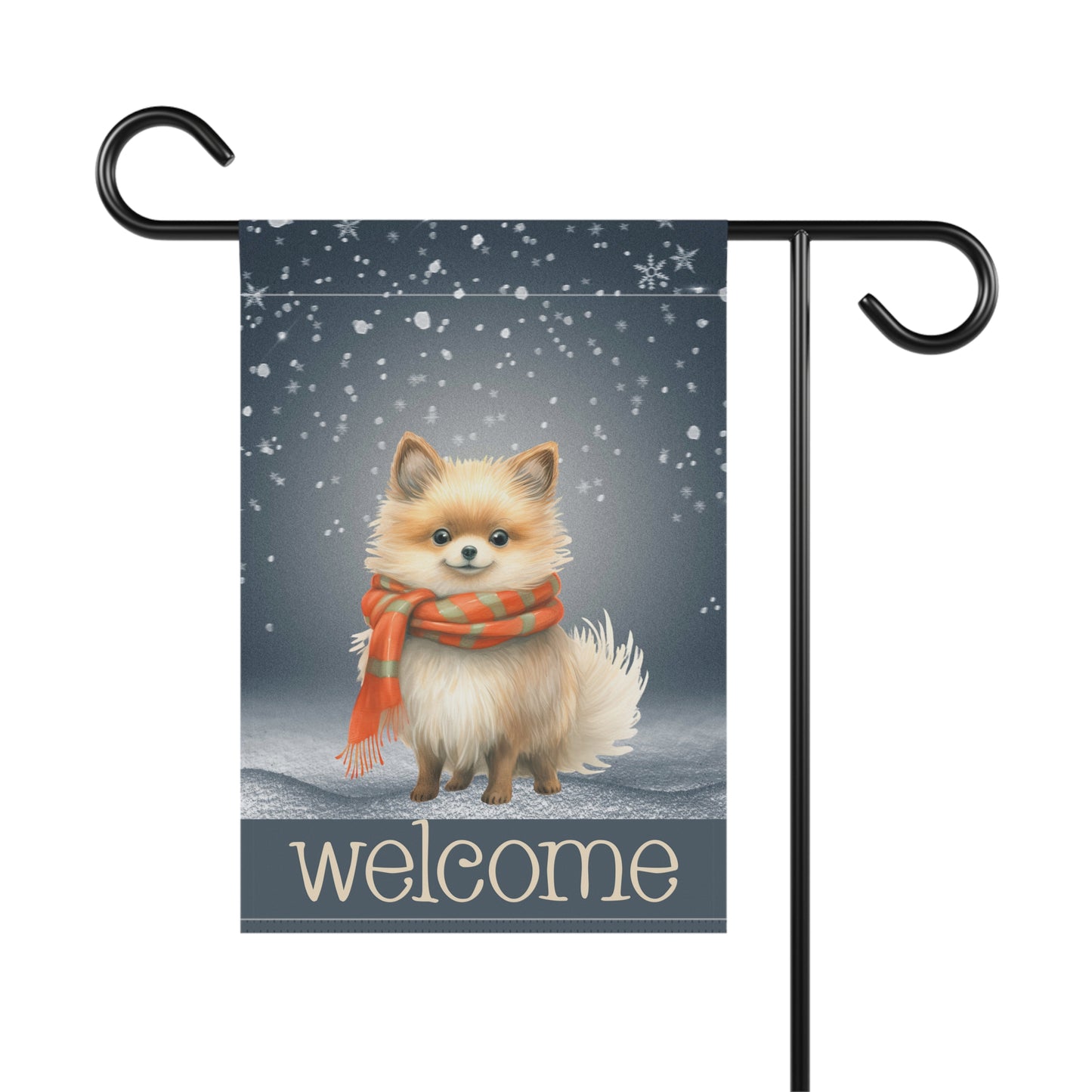 Snowy Welcome Pomeranian in Scarf 2-Sided Garden & House Flag/Banner