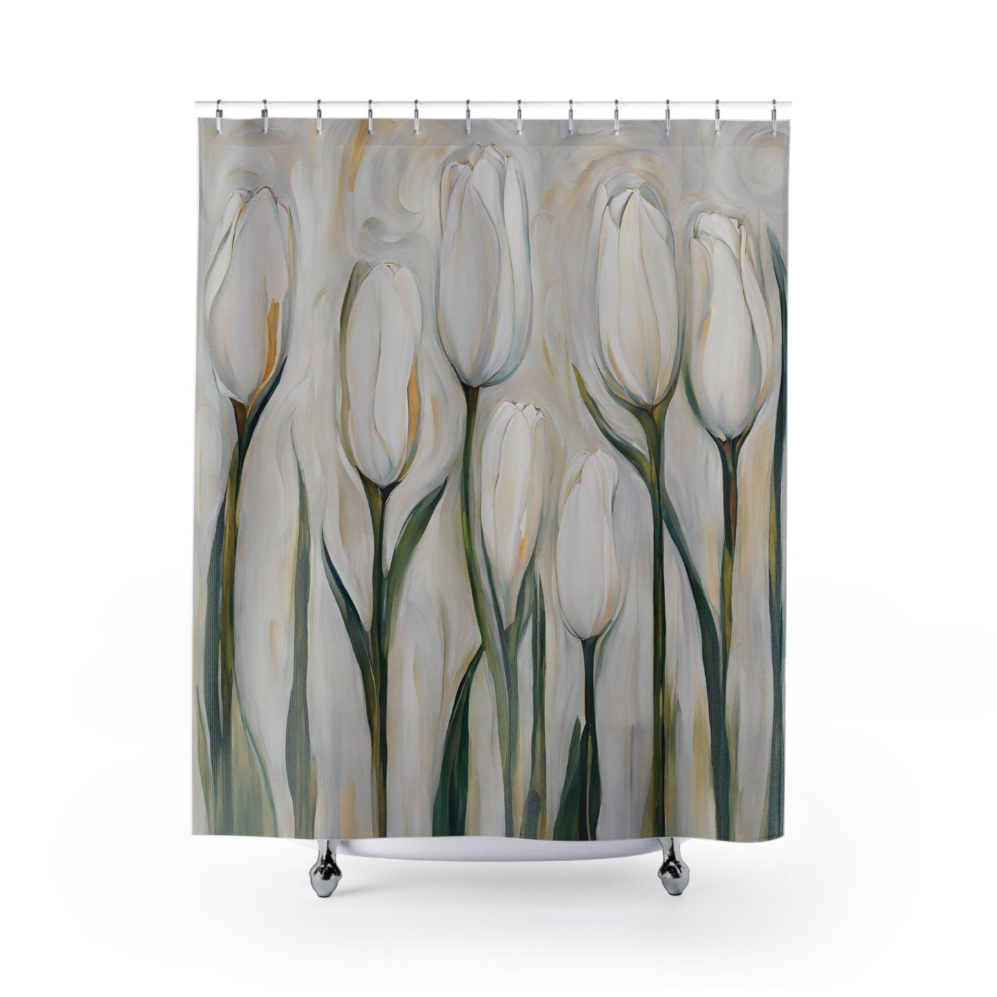 White Tulips Polyester Shower Curtain