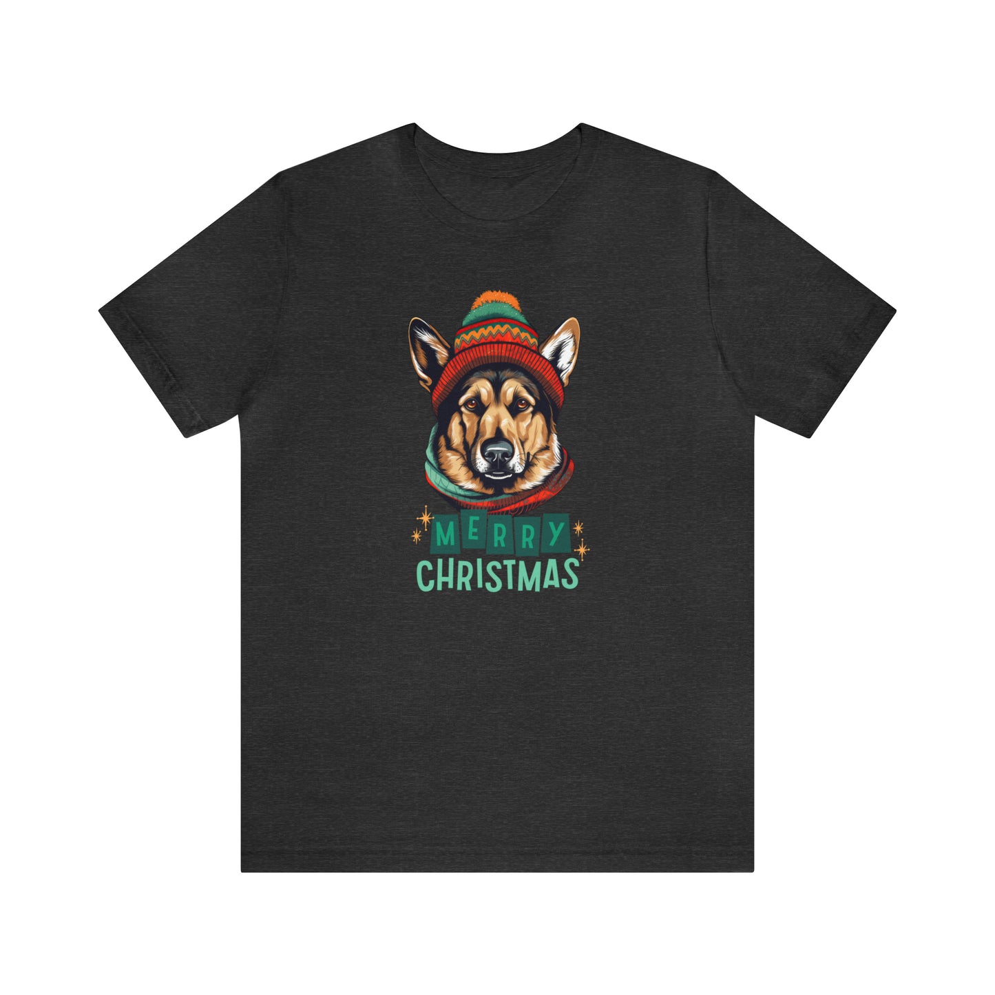 German Shepherd in Hat & Scarf Merry Christmas Unisex Jersey Short Sleeve Tee