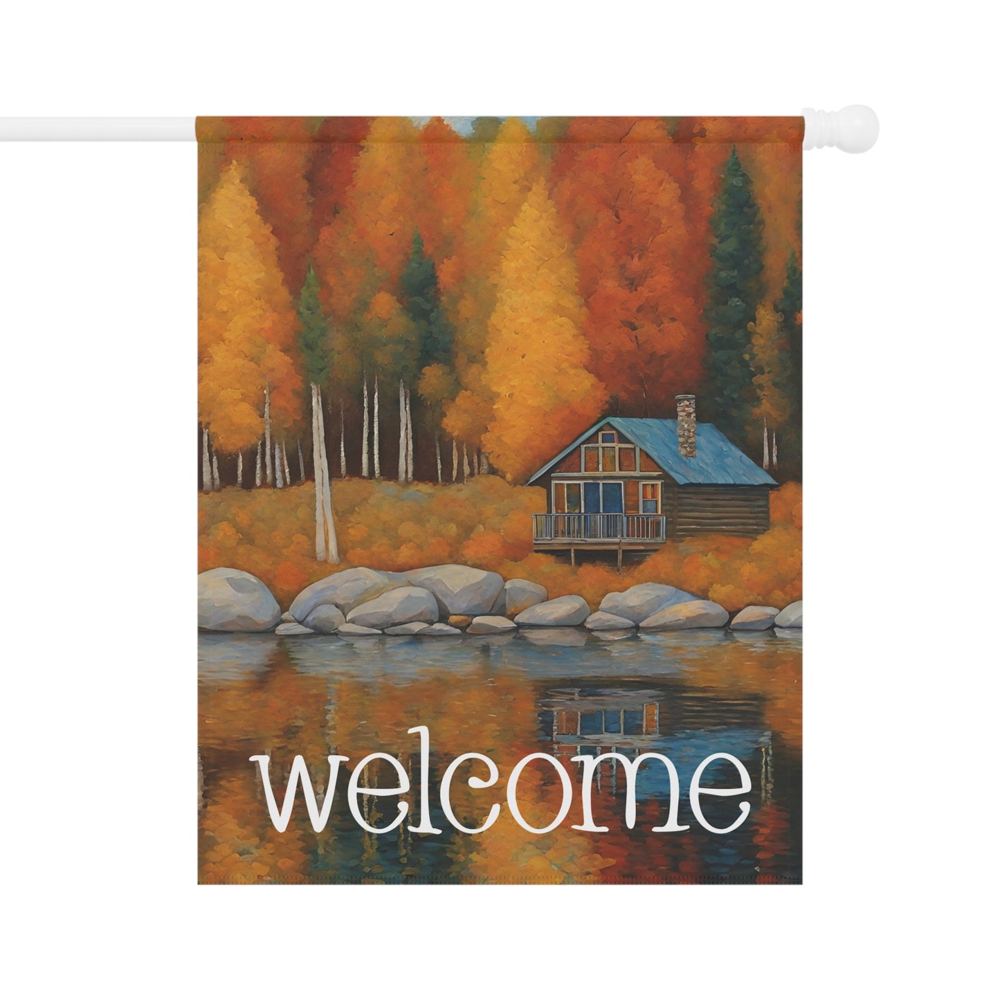 Lakeside Cabin in Fall Welcome 2-Sided Garden & House Flag/Banner