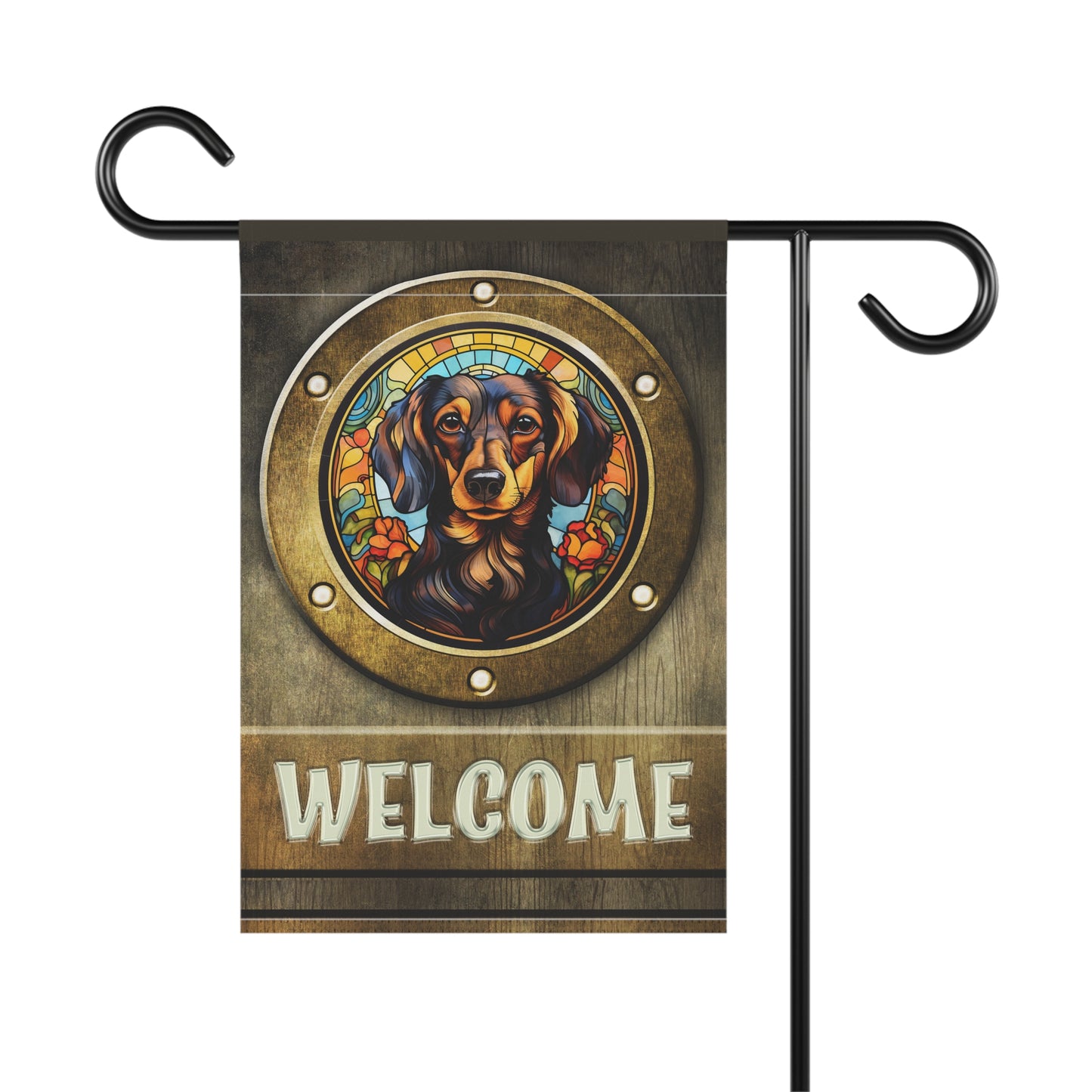 Dachshund in Port Hole Welcome 2-Sided Garden & House Flag/Banner