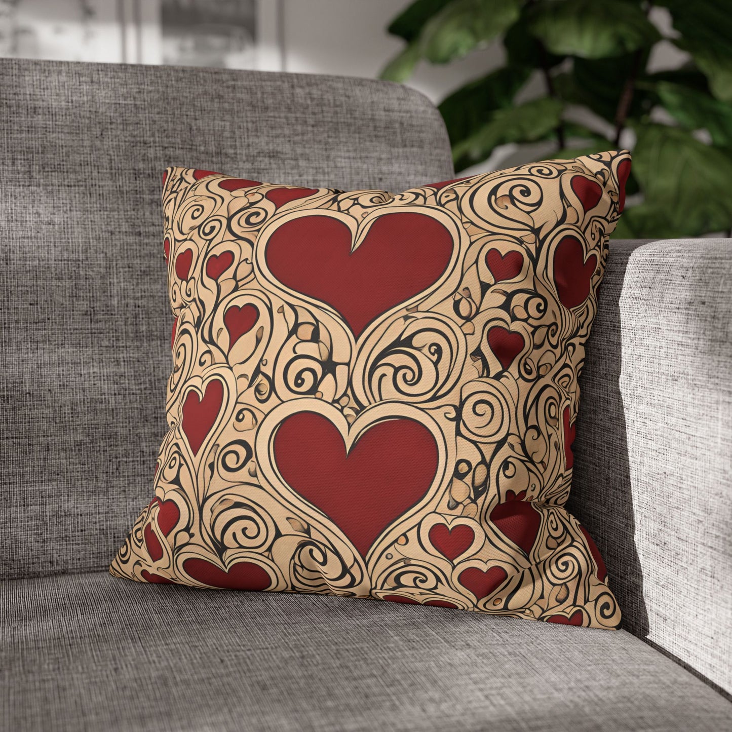 Hearts on Khaki Square Poly Canvas Pillowcase