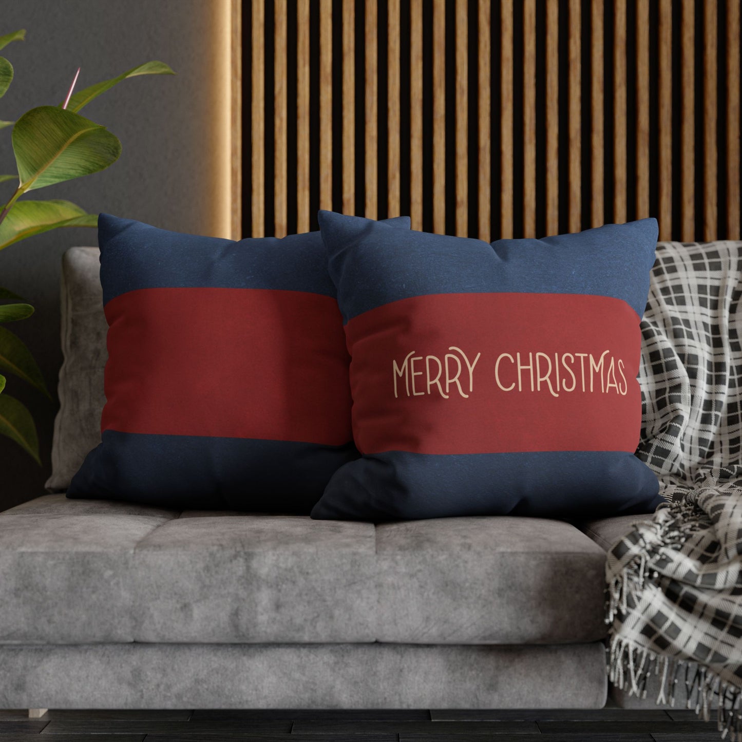 Merry Christmas Red & Navy Square Poly Canvas Pillowcase