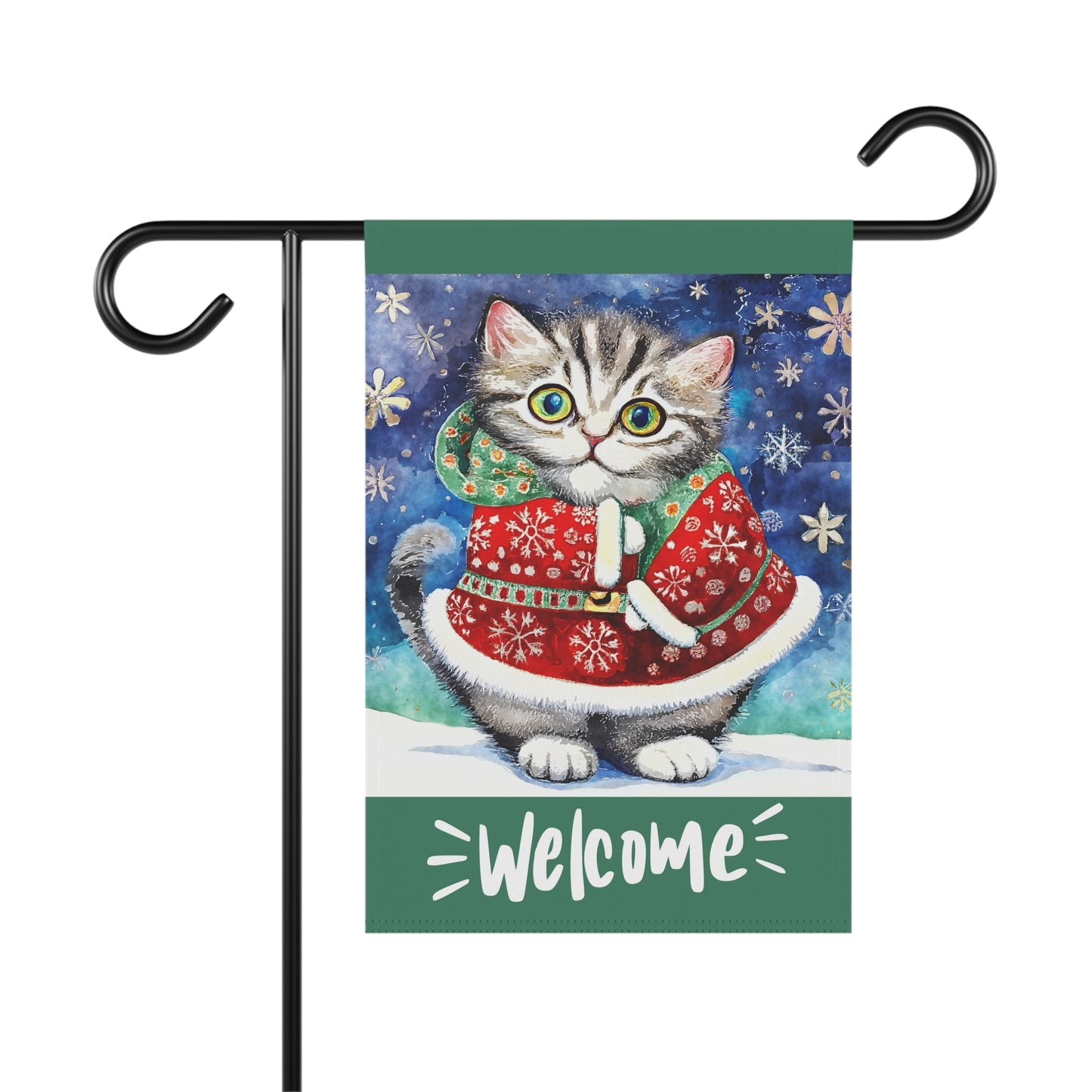 Welcome Whiskers Christmas Cat 2-Sided Garden & House Flag/Banner