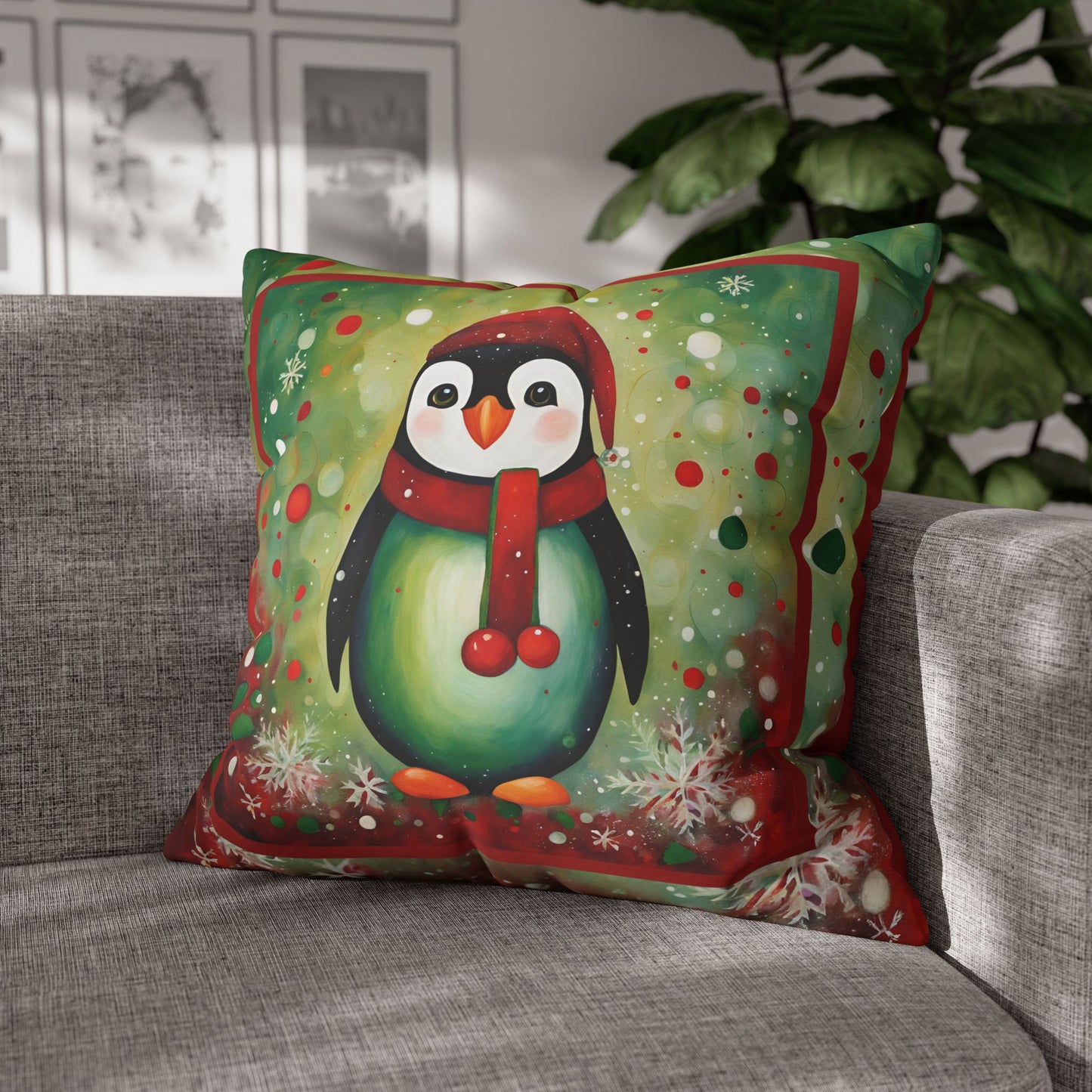 Holiday Penguin Square Poly Canvas Pillowcase