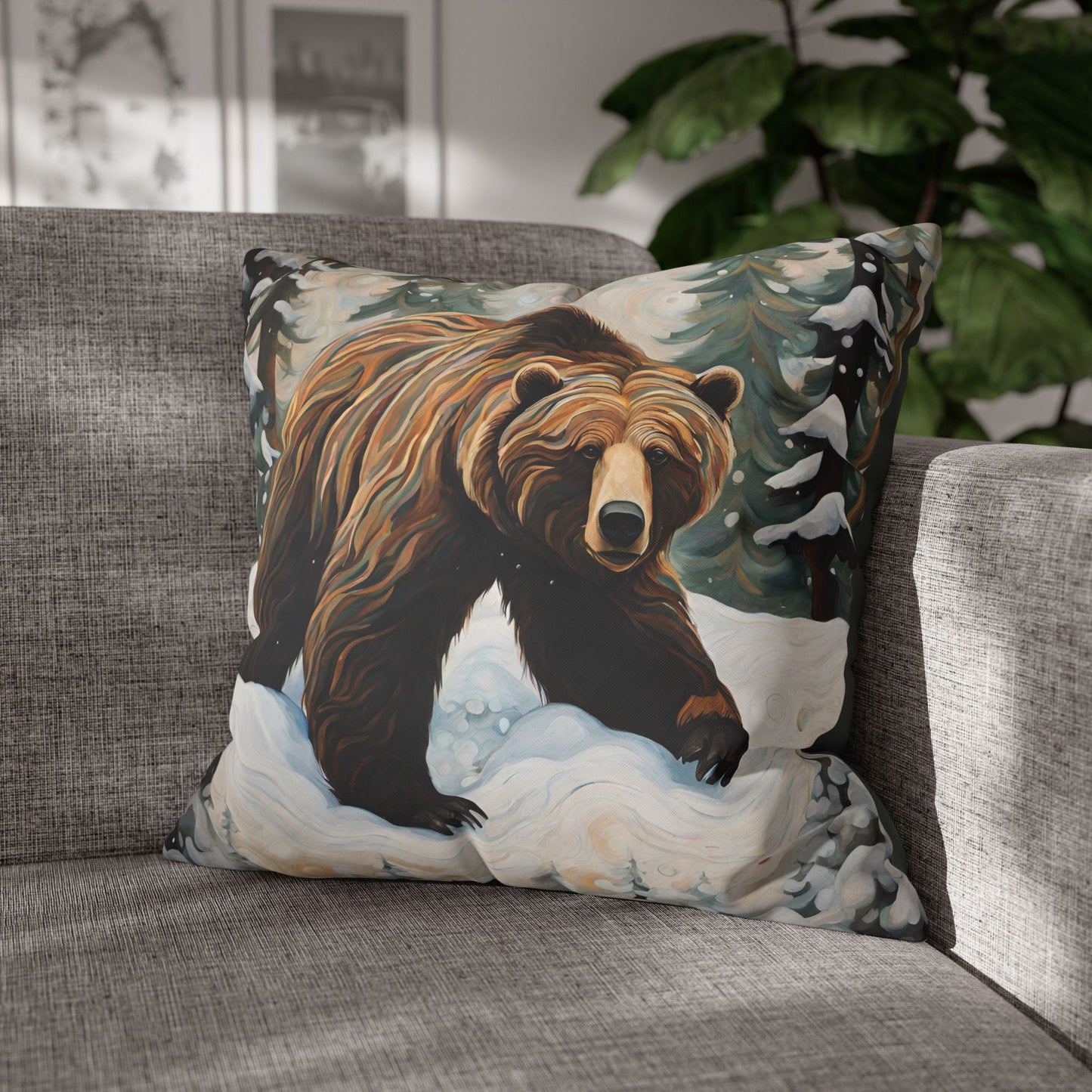 Winter Grizzly Square Poly Canvas Pillowcase