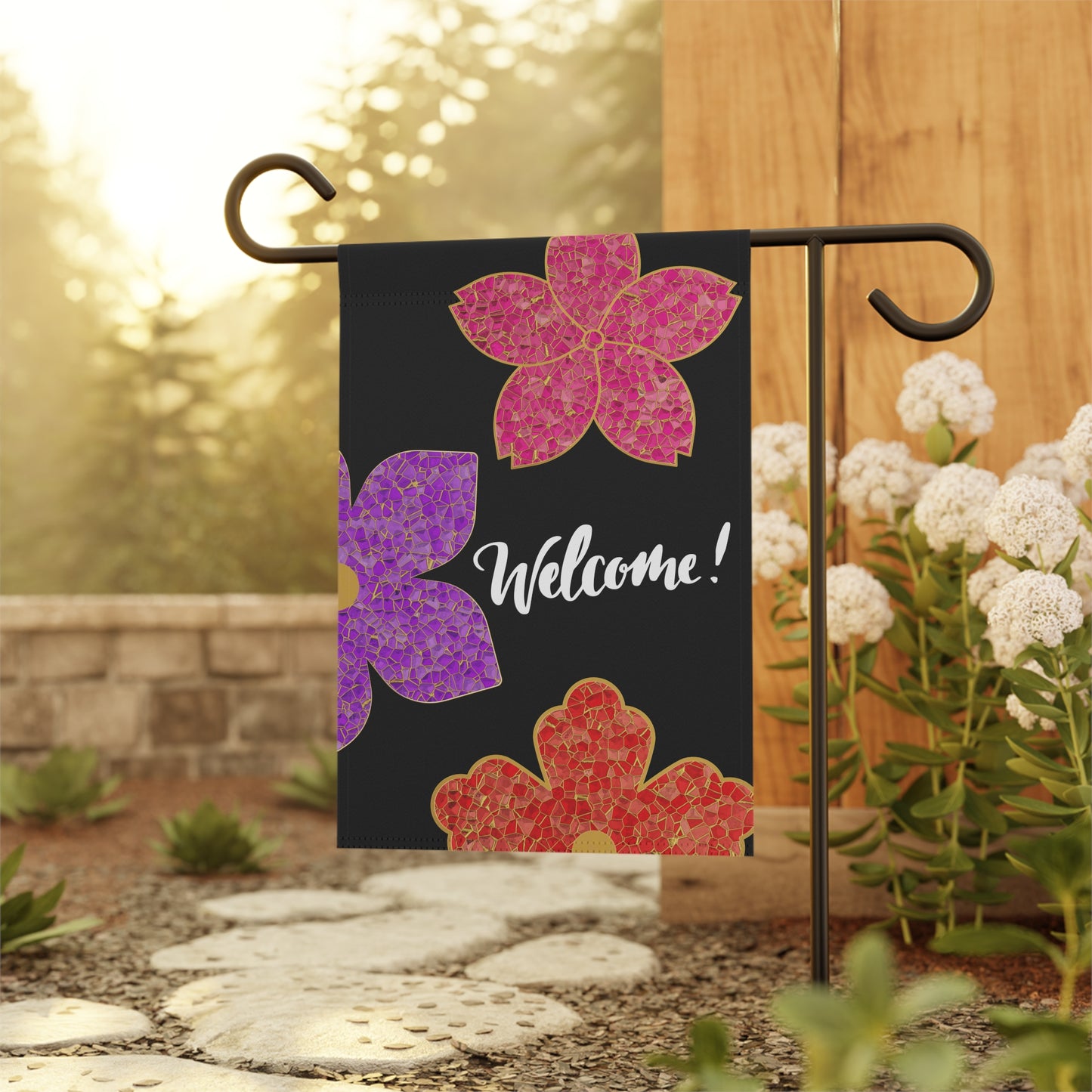 Stained Glass Flowers Welcome 2-Sided Garden & House Banner