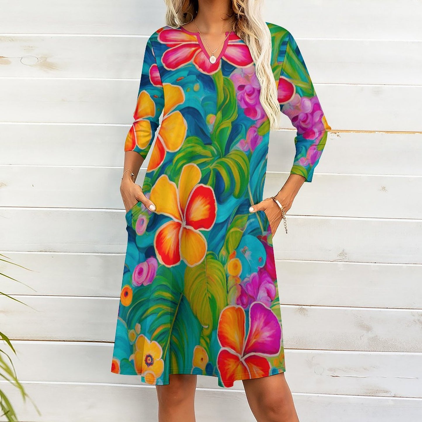 Aloha V-neck 3/4 Sleeve Dress with Pockets