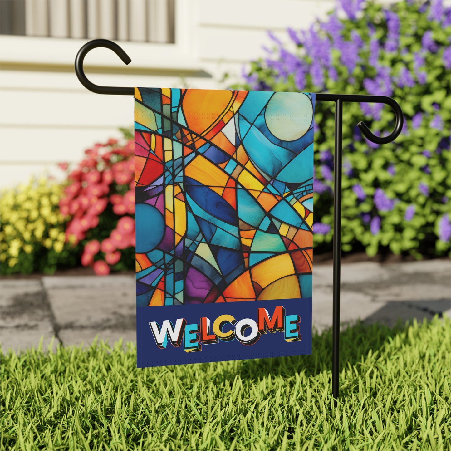 Modern Stained Glass Welcome 2-Sided Garden & House Flag/Banner