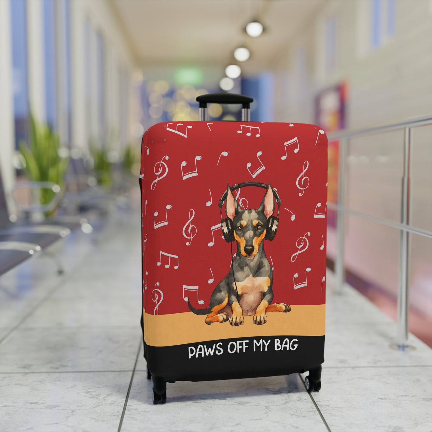 Doberman Pinscher in Headphones Paws Off My Bag Luggage Cover