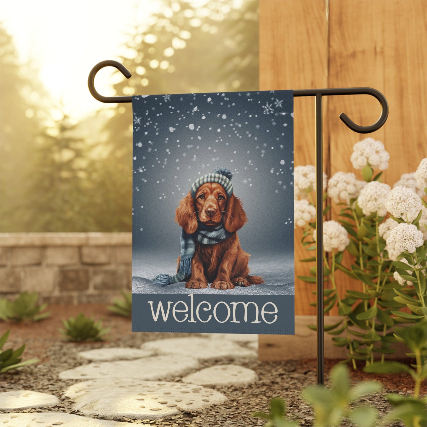 Snowy Welcome Irish Setter in Scarf 2-Sided Garden & House Flag/Banner