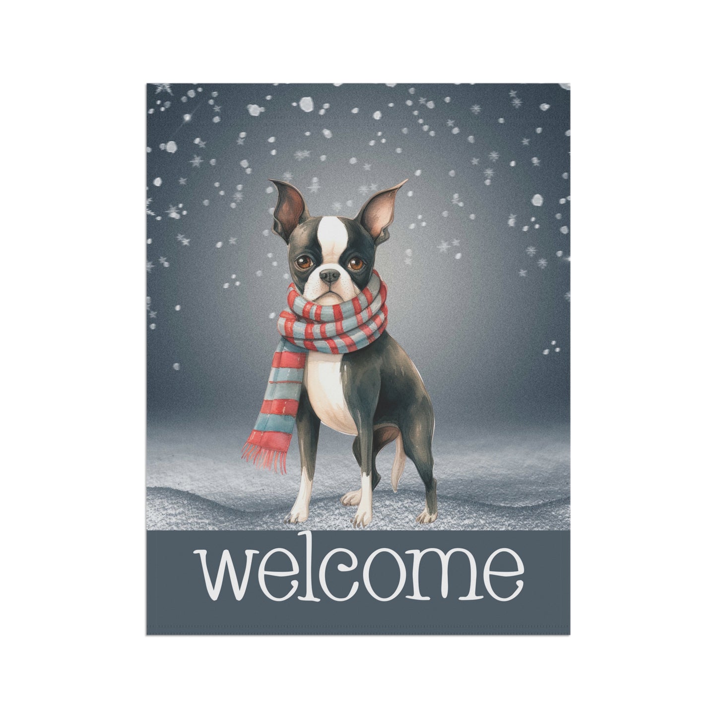 Snowy Welcome Boston Terrier in Scarf 2-Sided Garden & House Flag/Banner