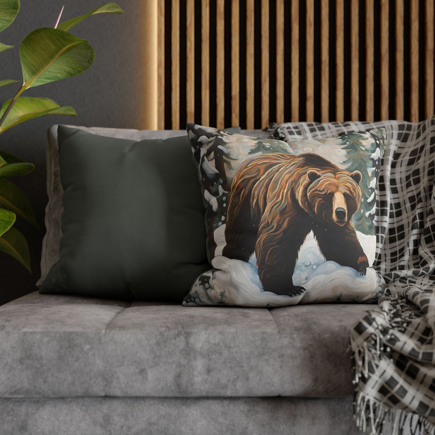 Winter Grizzly Square Poly Canvas Pillowcase