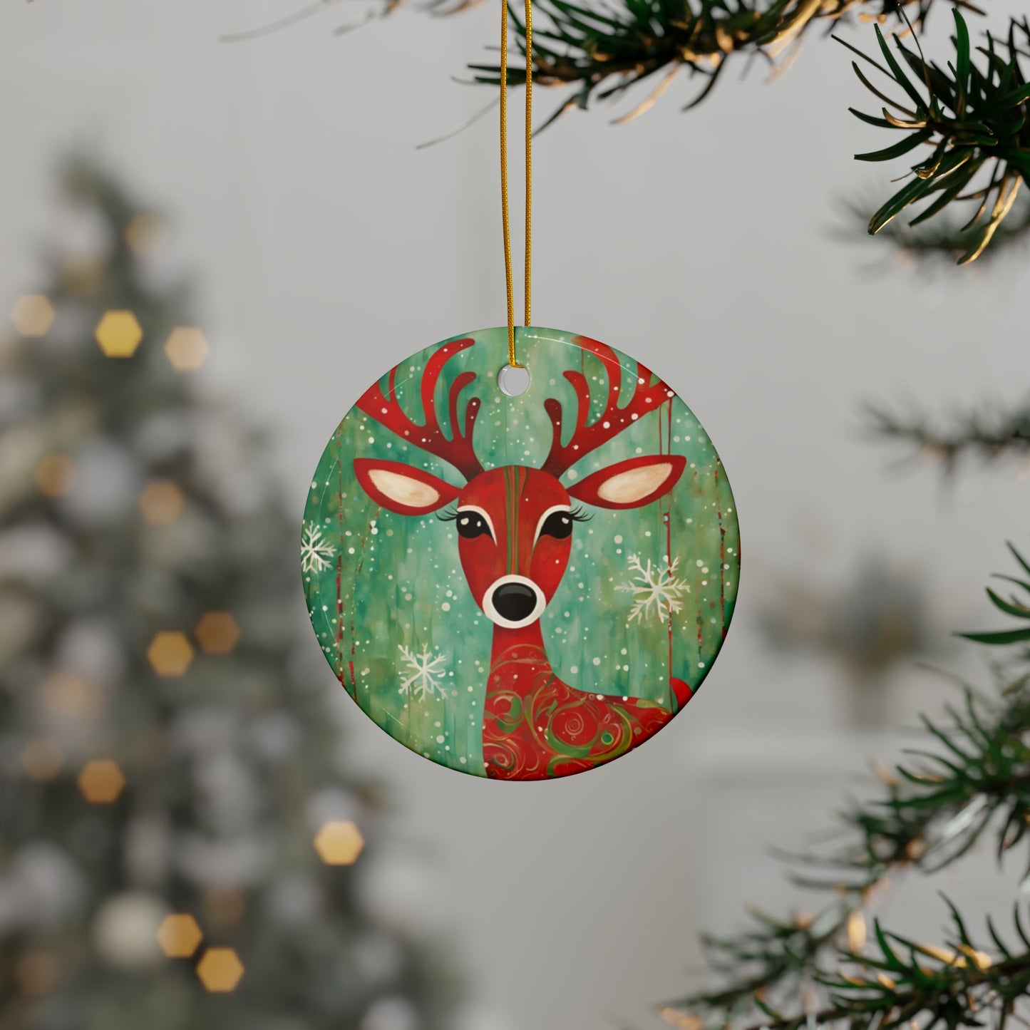 Red Reindeer 3" Ceramic Ornaments, 2-Side Print, (1pc, 10pcs)