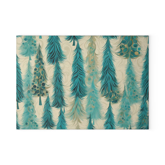 Teal Christmas Trees Tempered Glass Cutting Board