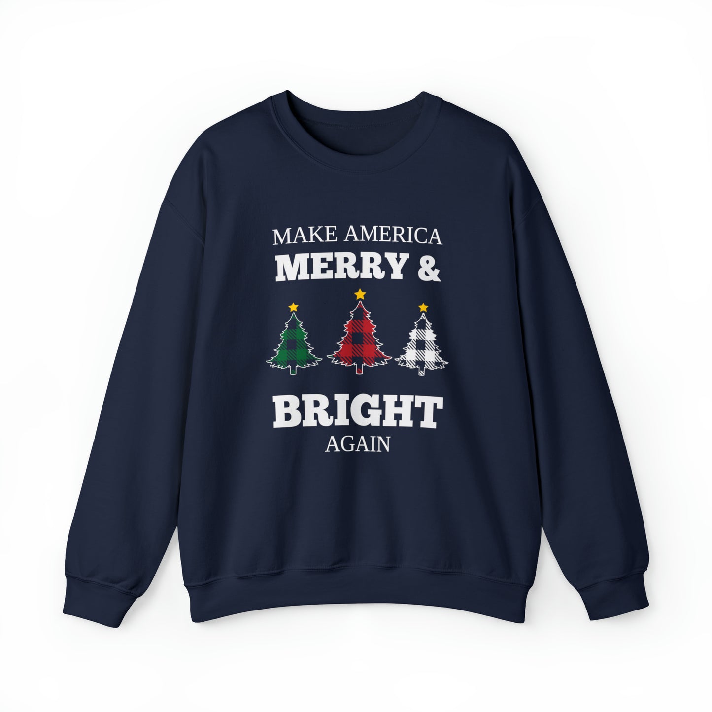 Plaid Trees Make America Merry & Bright Again Unisex Heavy Blend™ Crewneck Sweatshirt