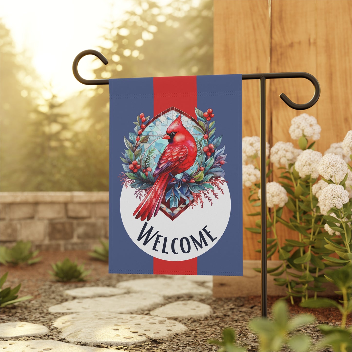 Stained Glass Cardinal 1 Welcome 2-Sided Garden & House Banner