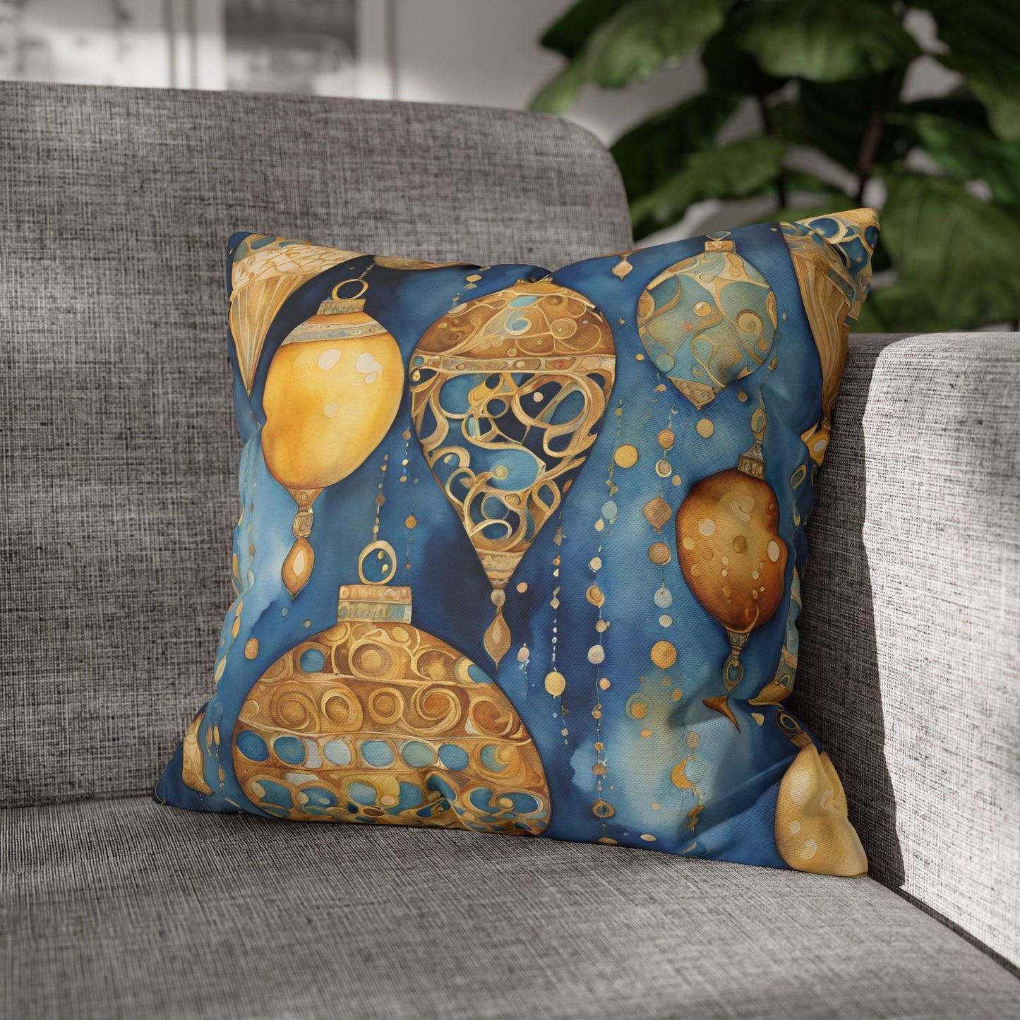 Gold Ornaments Abstract Watercolor Square Poly Canvas Pillowcase