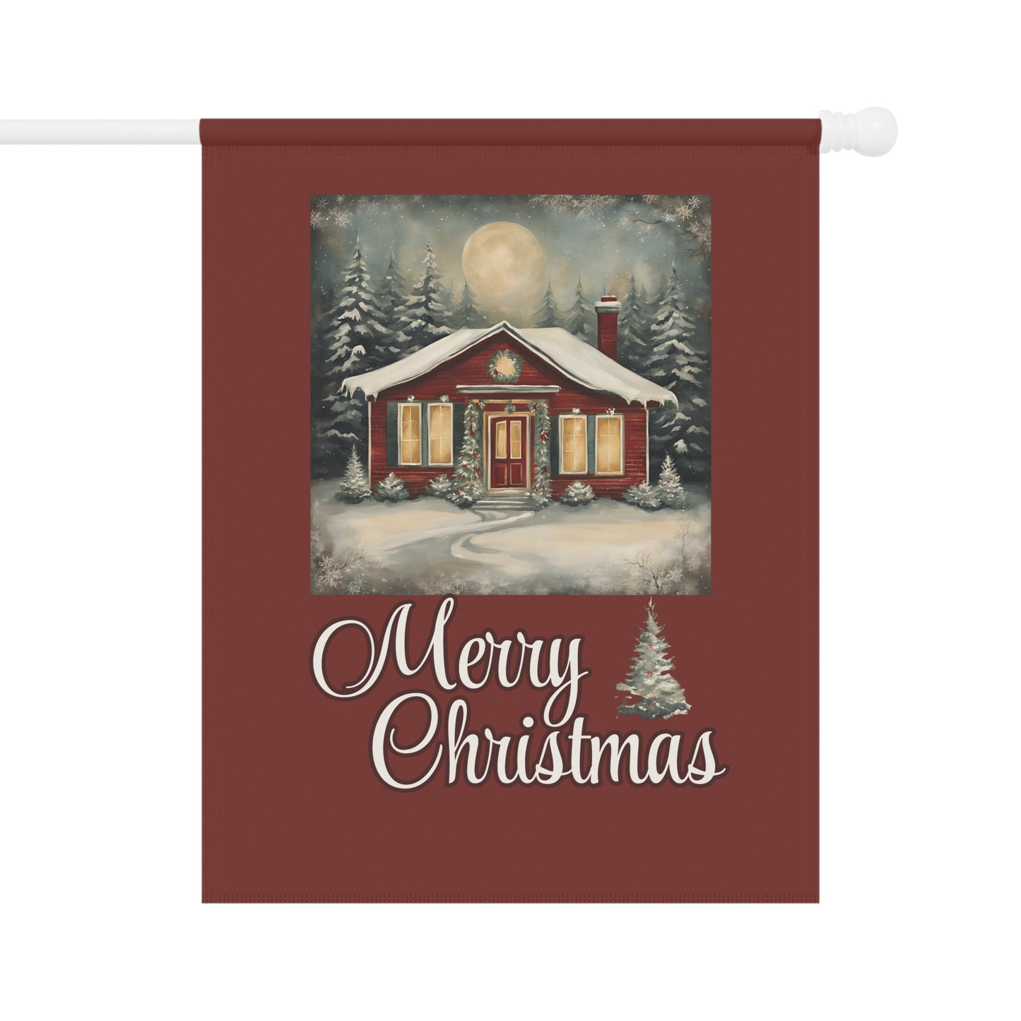 Red Cabin Merry Christmas 2-Sided Garden & House Flag/Banner