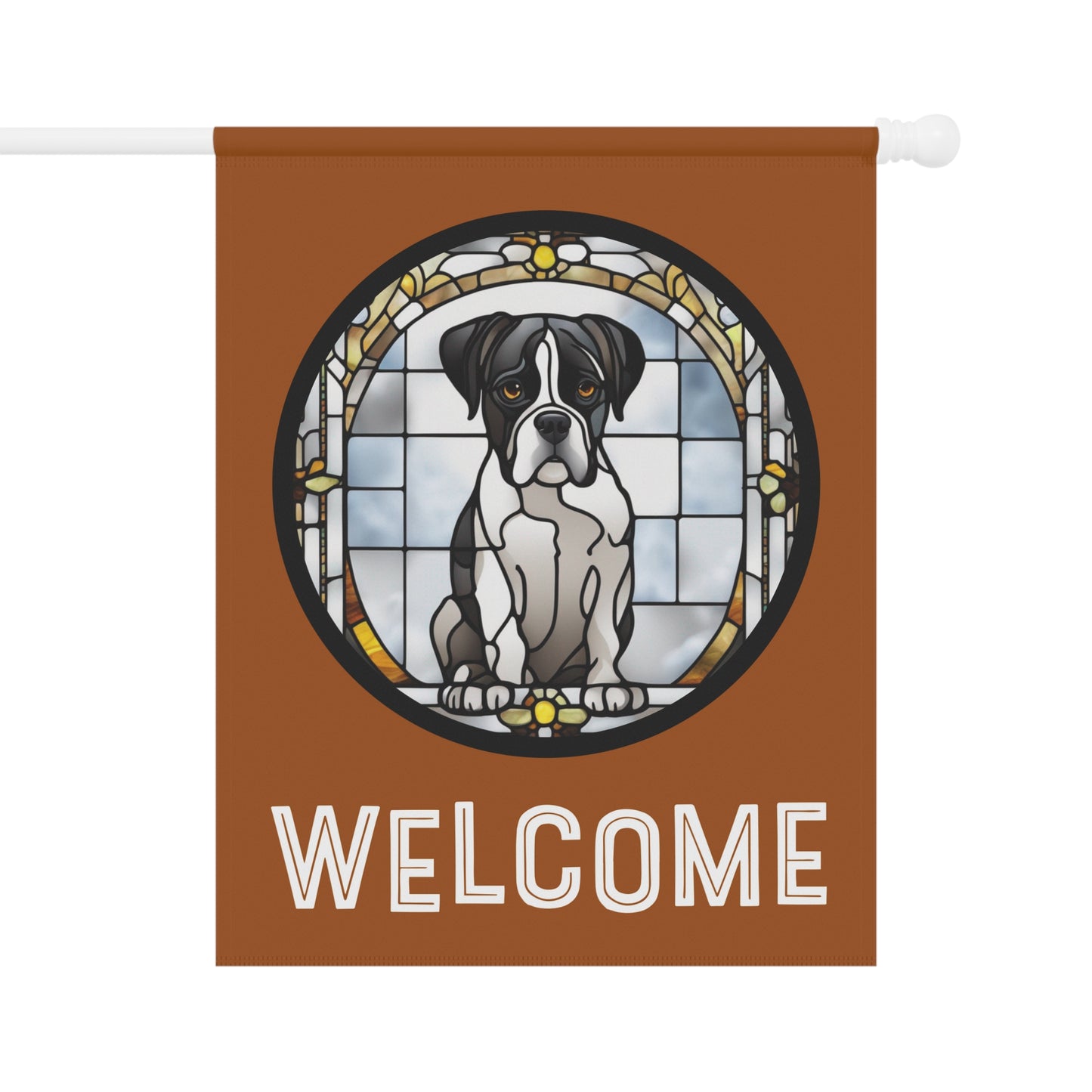 Black & White Boxer Sitting Welcome Stained Glass Look 2-Sided Garden & House Flag/Banner