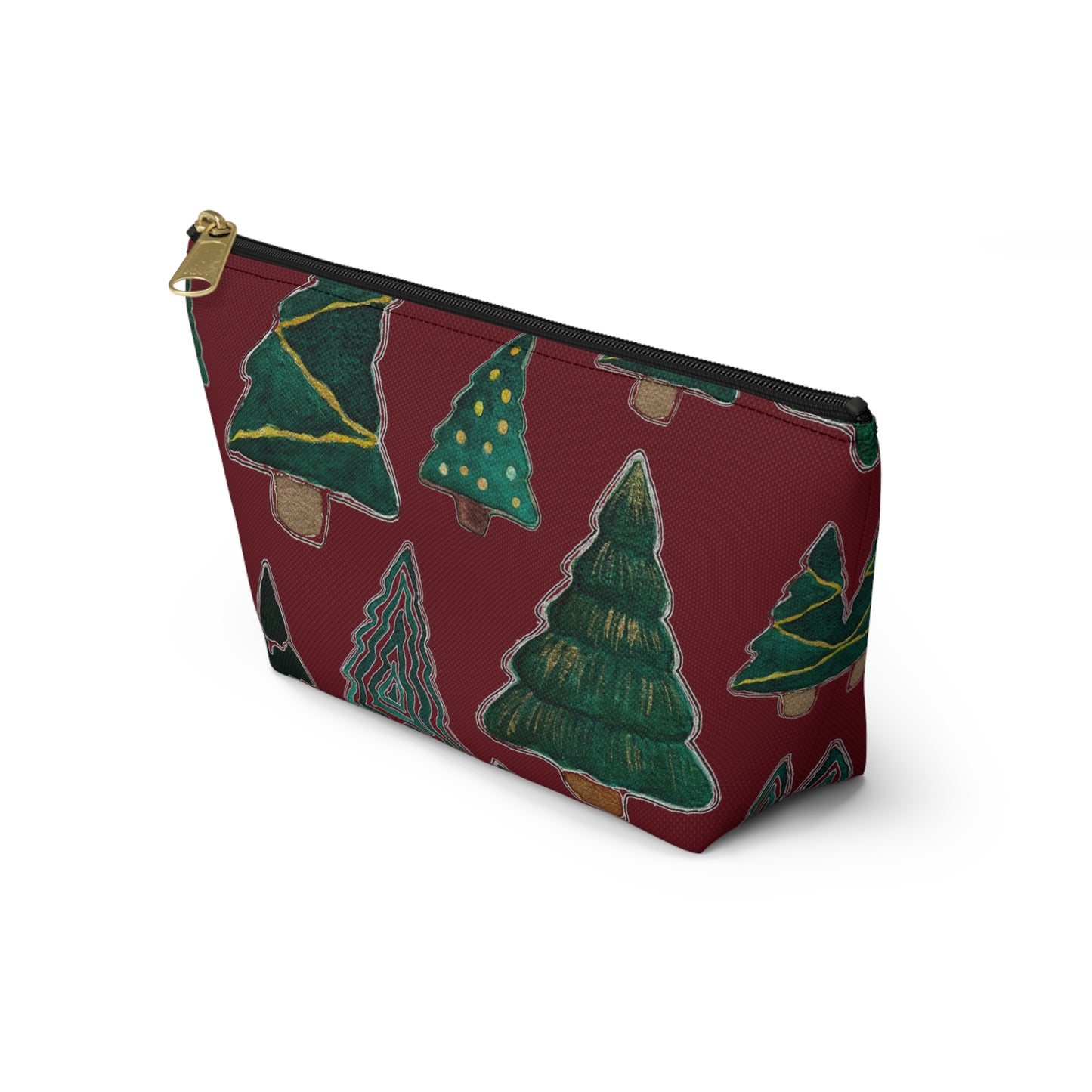 Christmas Tree Cutouts on Maroon Accessory Pouch w T-bottom