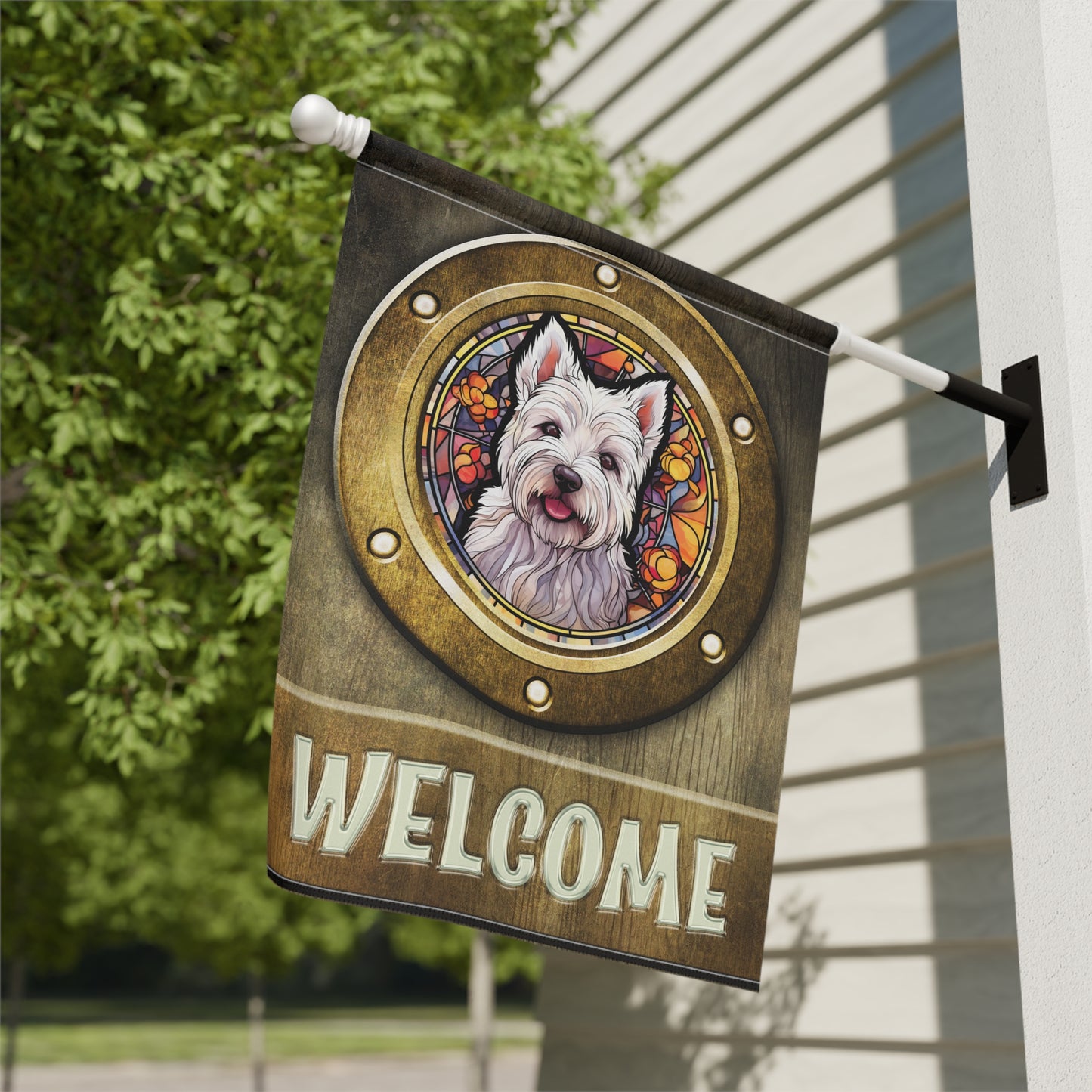 West Highland Terrier in Port Hole Westie Welcome 2-Sided Garden & House Flag/Banner