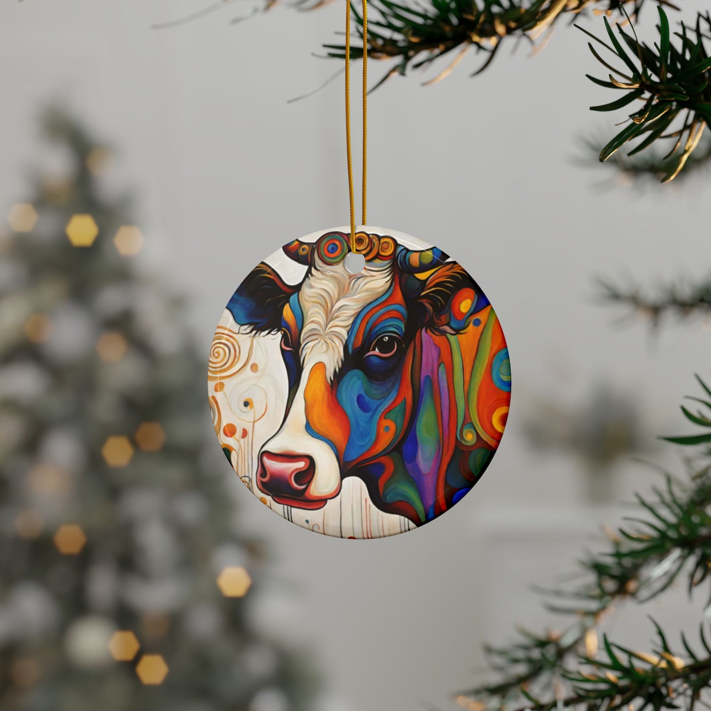 Groovy Cow 3" Ceramic Ornaments, 2-Side Print, (1pc, 10pcs)