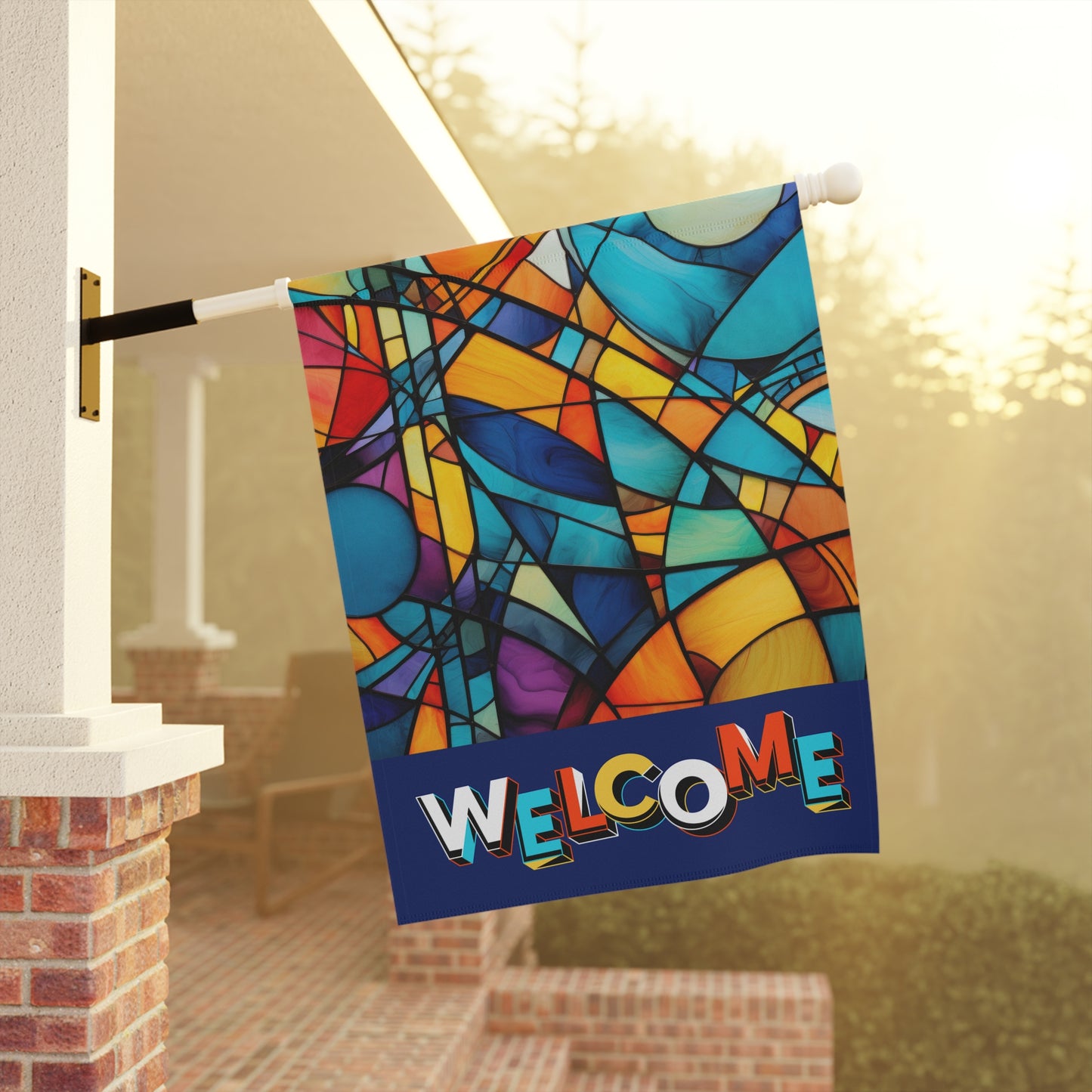 Modern Stained Glass Welcome 2-Sided Garden & House Flag/Banner