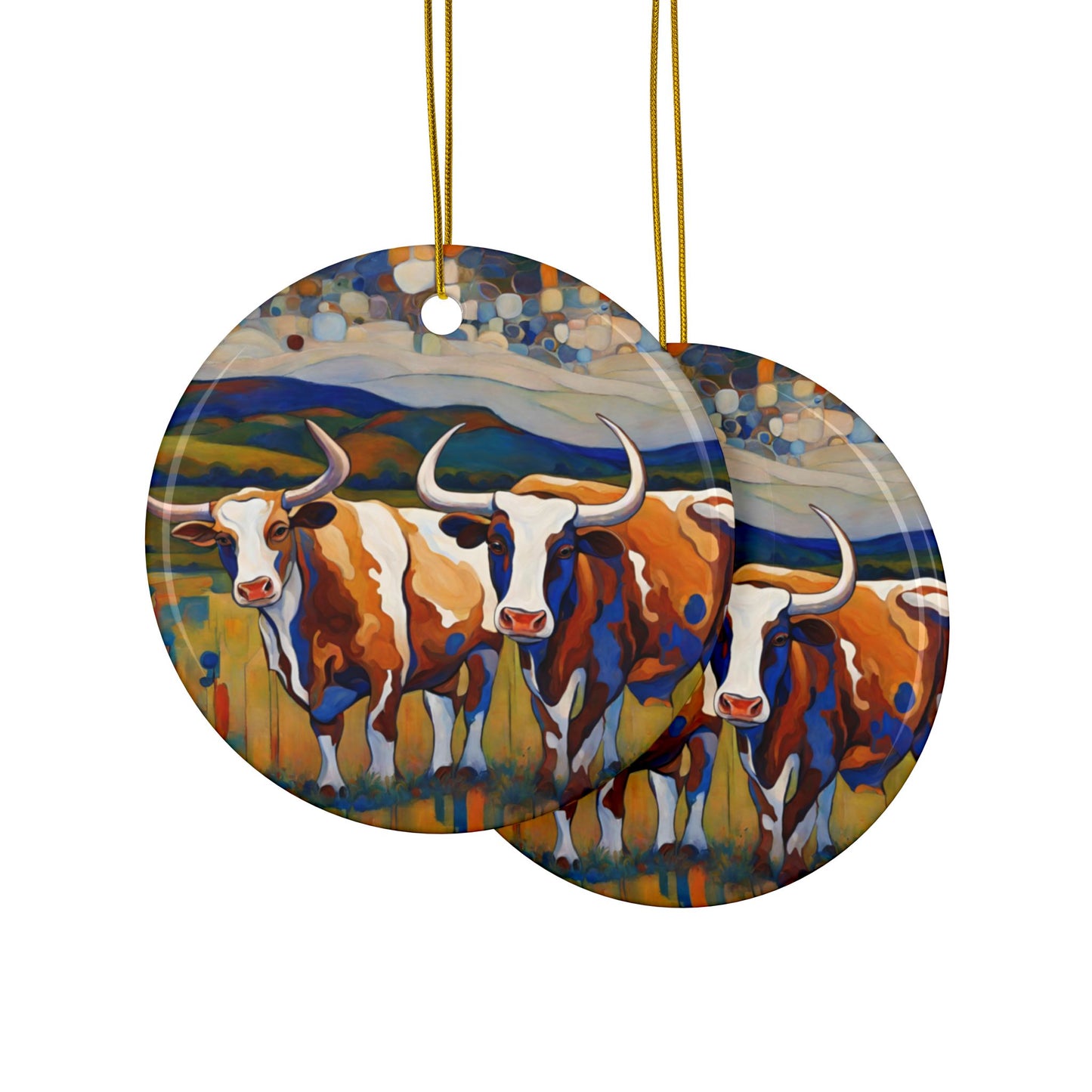 At the Ranch Longhorn 3"  Ceramic Ornaments, 2-Side Print, (1pc, 10pcs)