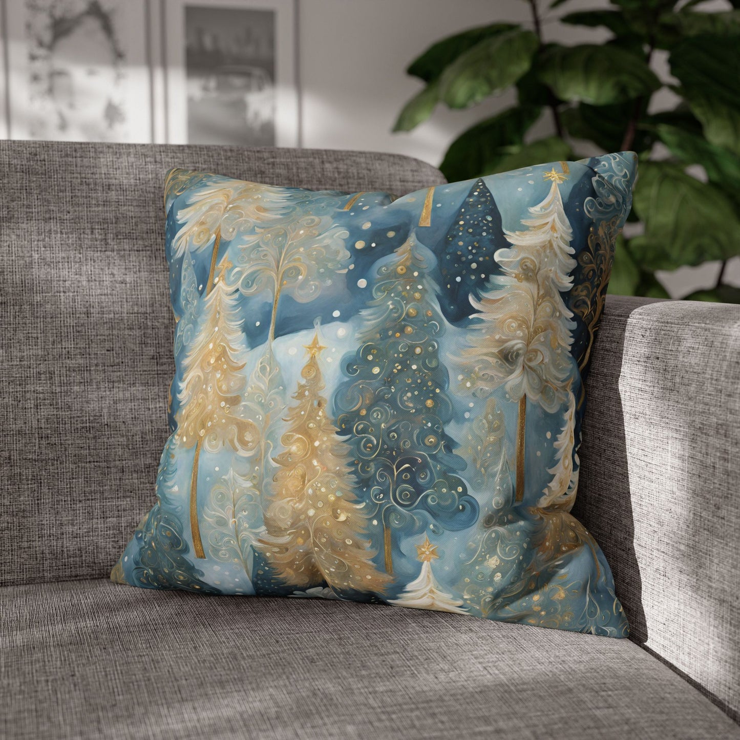 Blue & Cream Trees Square Poly Canvas Pillowcase