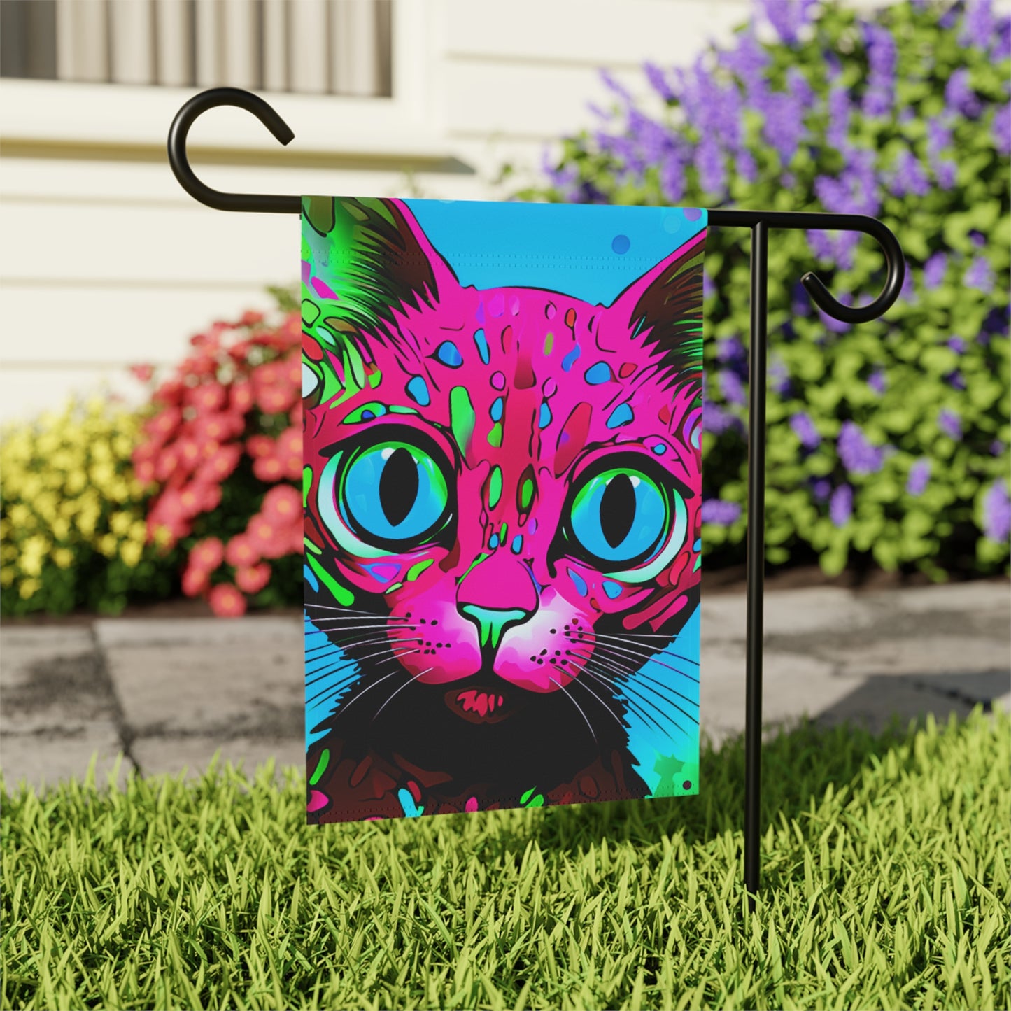 Neon Cat Face Maximalist 2-Sided Garden & House Flag/Banner