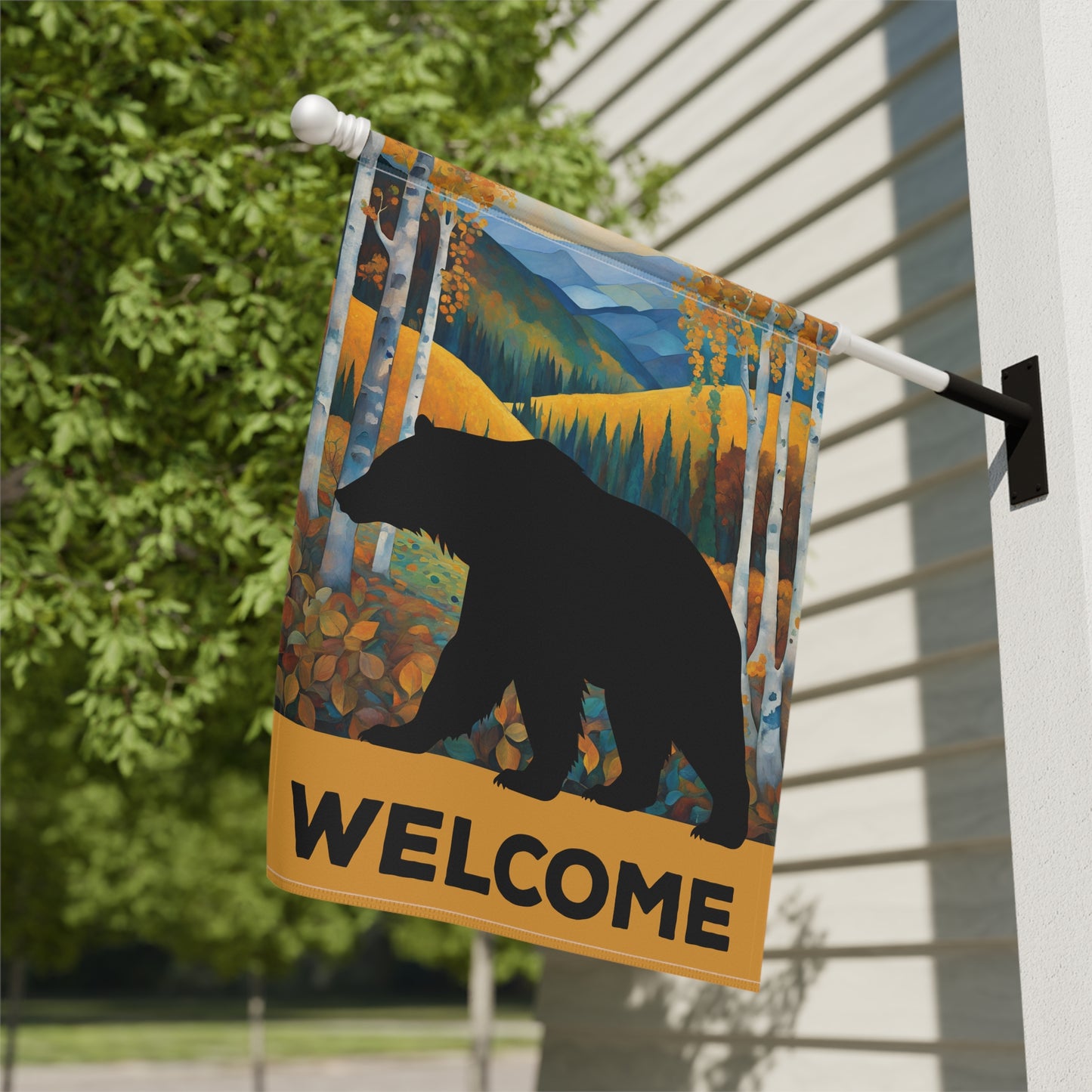 Grizzly Bear Silhouette Welcome 2-Sided Garden & House Flag/Banner