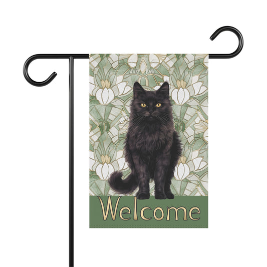 Black Cat on Sage Welcome 2-Sided Garden & House Flag/Banner