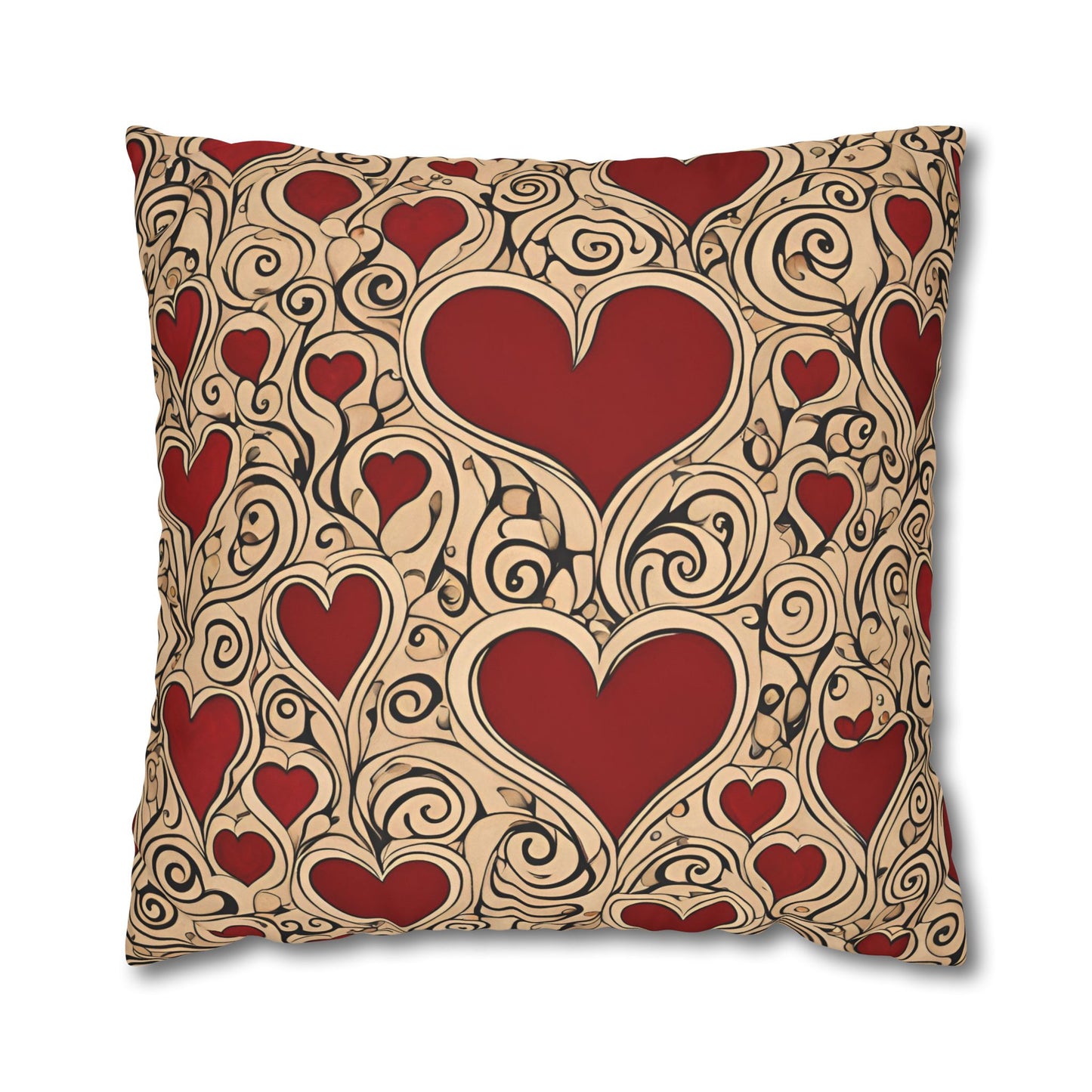 Hearts on Khaki Square Poly Canvas Pillowcase