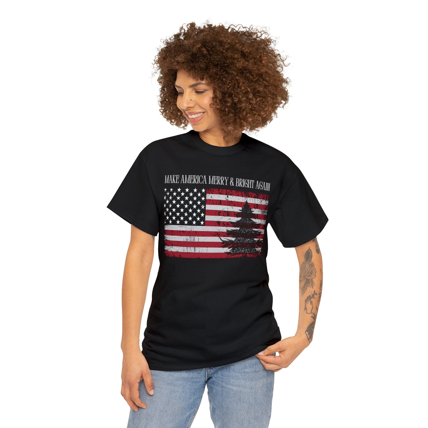 American Flag Make America Merry & Bright Again Unisex Heavy Cotton Tee