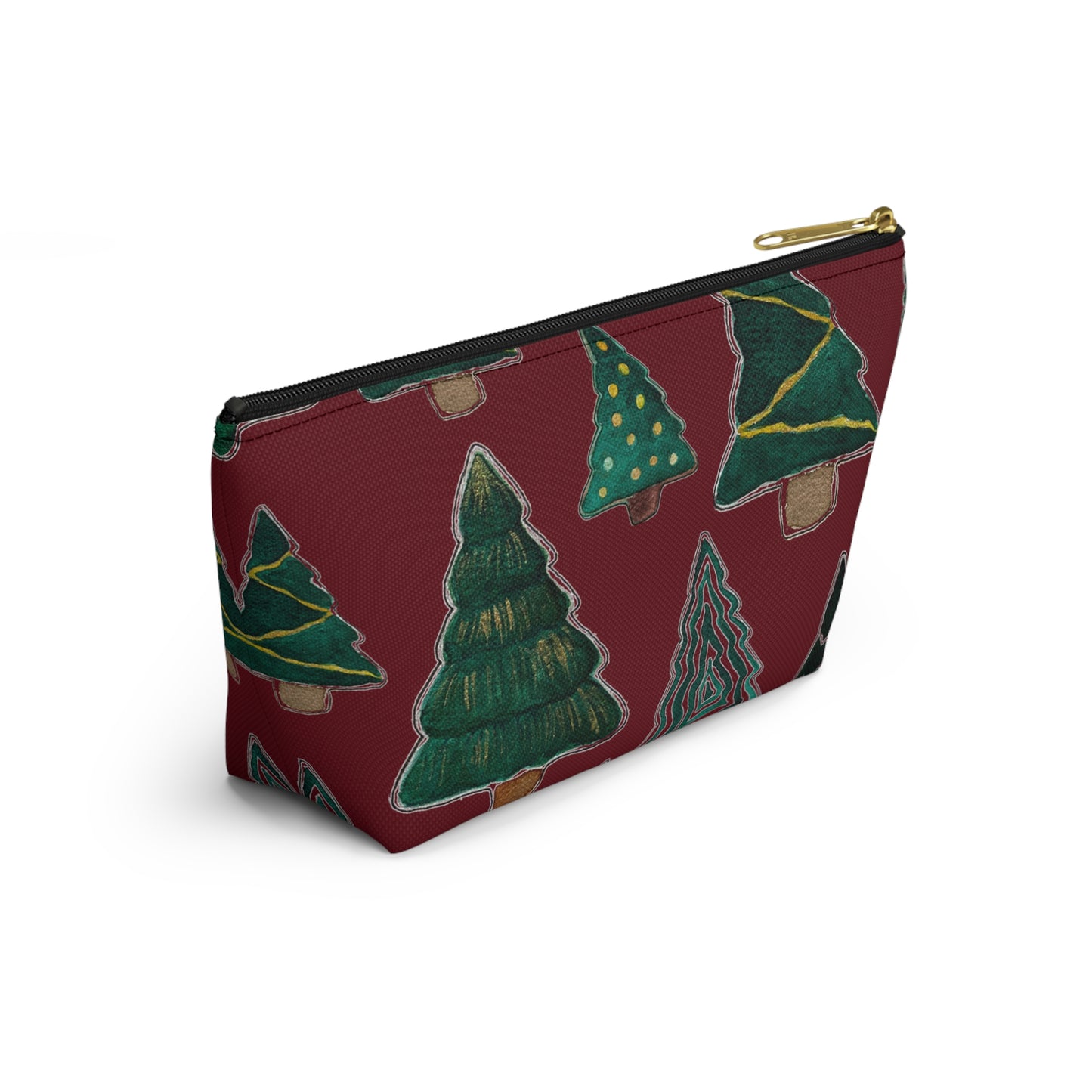 Christmas Tree Cutouts on Maroon Accessory Pouch w T-bottom