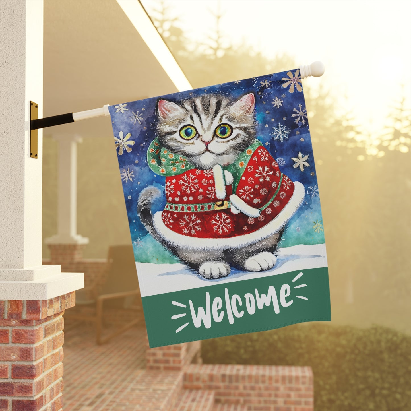 Welcome Whiskers Christmas Cat 2-Sided Garden & House Flag/Banner